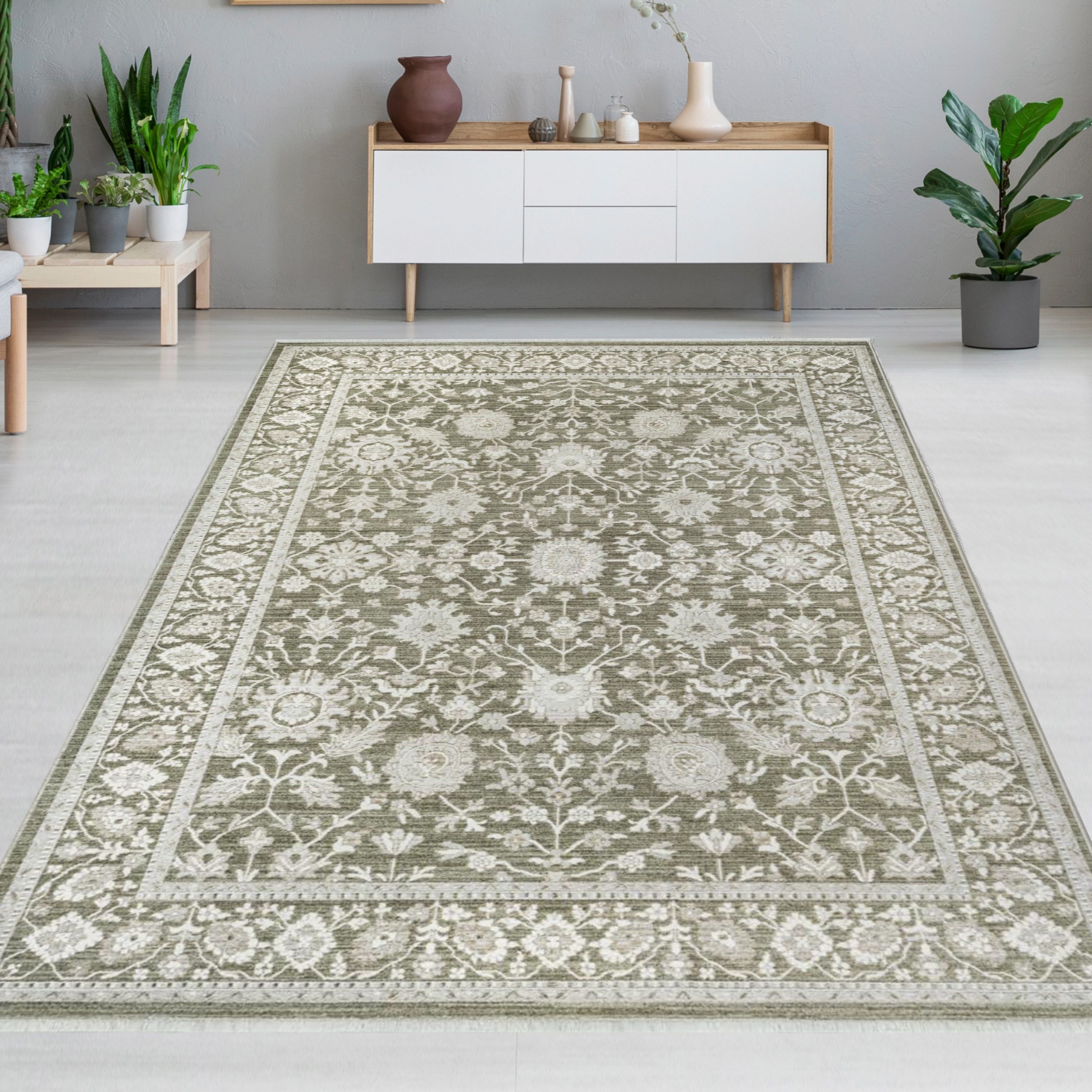 Carpetia Teppich Designer Teppich Grün Beige Vintage floral modern stilvoll, rechteckig
