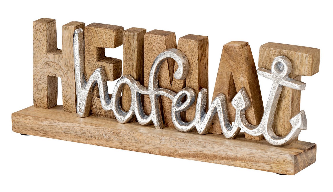 Levandeo® Deko-Schriftzug, Deko Aufsteller Heimathafen L30cm Braun Holz Silber Mango Maritim