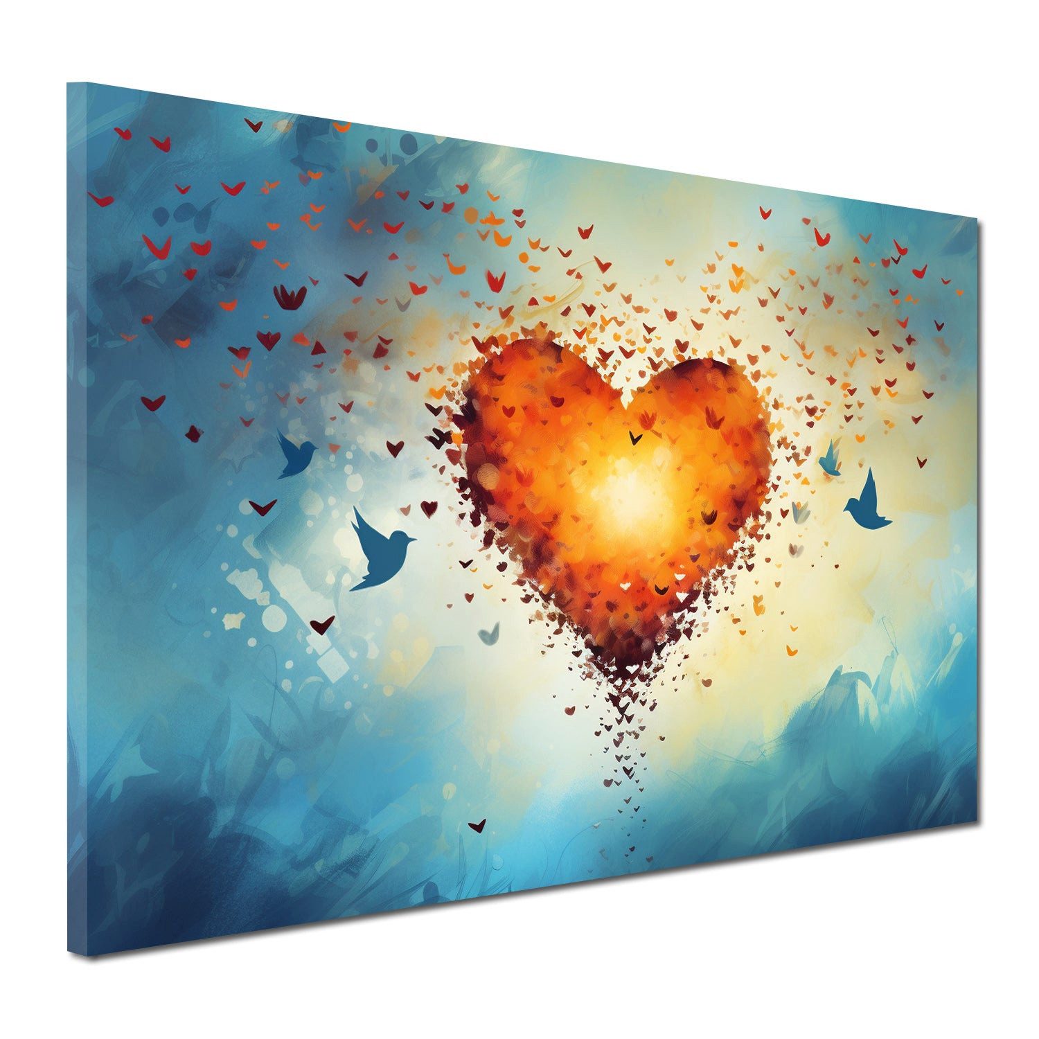 Artedinoi Leinwandbild Herz Himmel Vögel blau Aquarell Leinwandbild Kunstdruck XL Deko, Herz im Himmel mit Vögeln