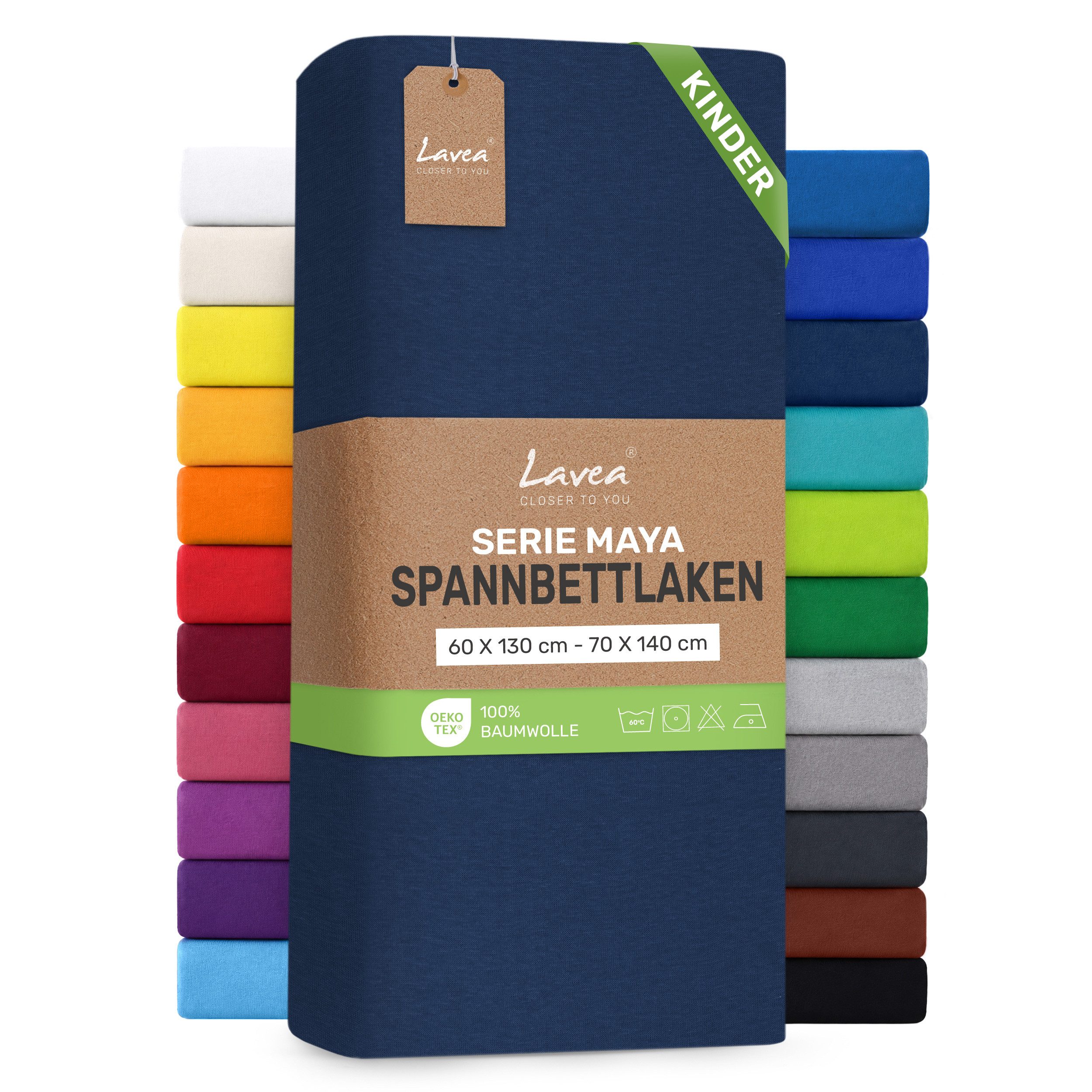 Lavea Spannbettlaken Bettlaken Maya, 180x200cm, 200x200cm, 140x200cm, 160x200cm, 100% Baumwolle Jersey, Gummizug: rundum, (1 Stück), für Matratzen, Topper, Boxspring- und Wasserbetten, weich, langlebig