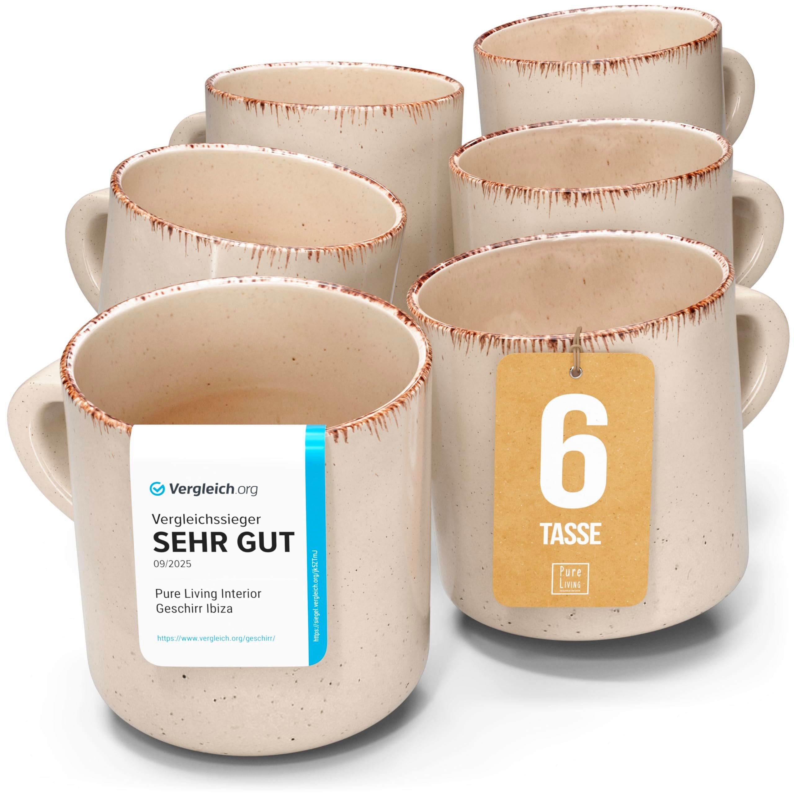 PURE LIVING INTERIOR DESIGN Geschirr-Set Pure Living Tassen 6er 350ml »Rustic«, Steingut, Beige, 6 Personen, Steingut, Authentischer Landhausstil, Reaktive Glasur – jedes Stück ein Unikat,…