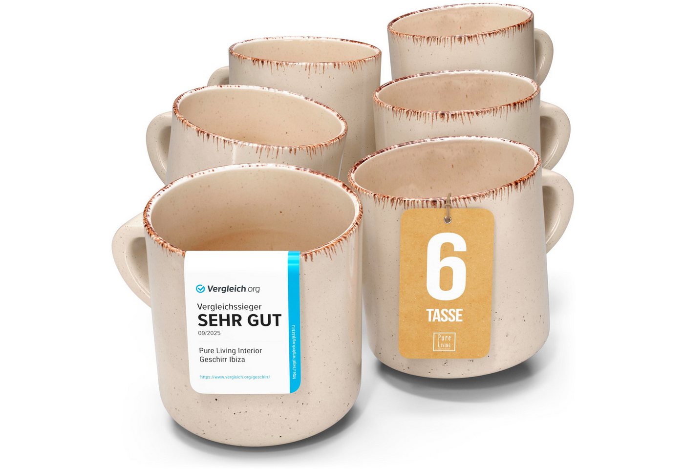 PURE LIVING INTERIOR DESIGN Geschirr-Set Tassen 6er 350ml »Rustic«, Steingut, Beige (6-tlg), 6 Personen, Steingut