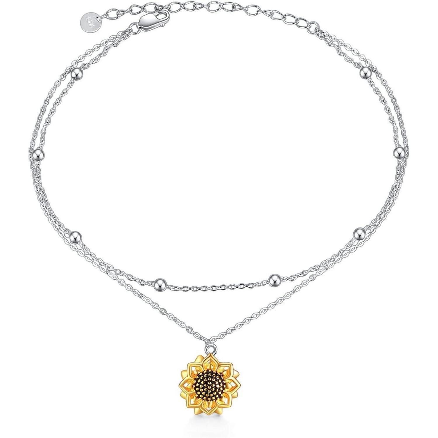 LuxusKollektion Fußkette mit Anhänger Fußkettchen Doppelkette 925 Sterling Silber Schmetterling Sonnenblume