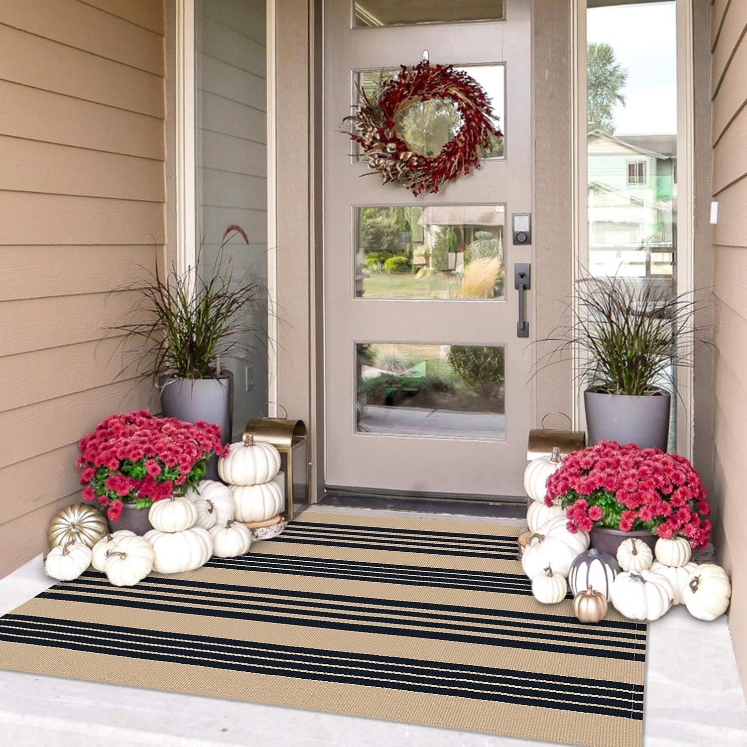 LuxusKollektion Outdoorteppich Teppich Gestreift Schwarz/Hellbraun Rechteckig 91x152cm, rechteckig, Höhe: 6 mm