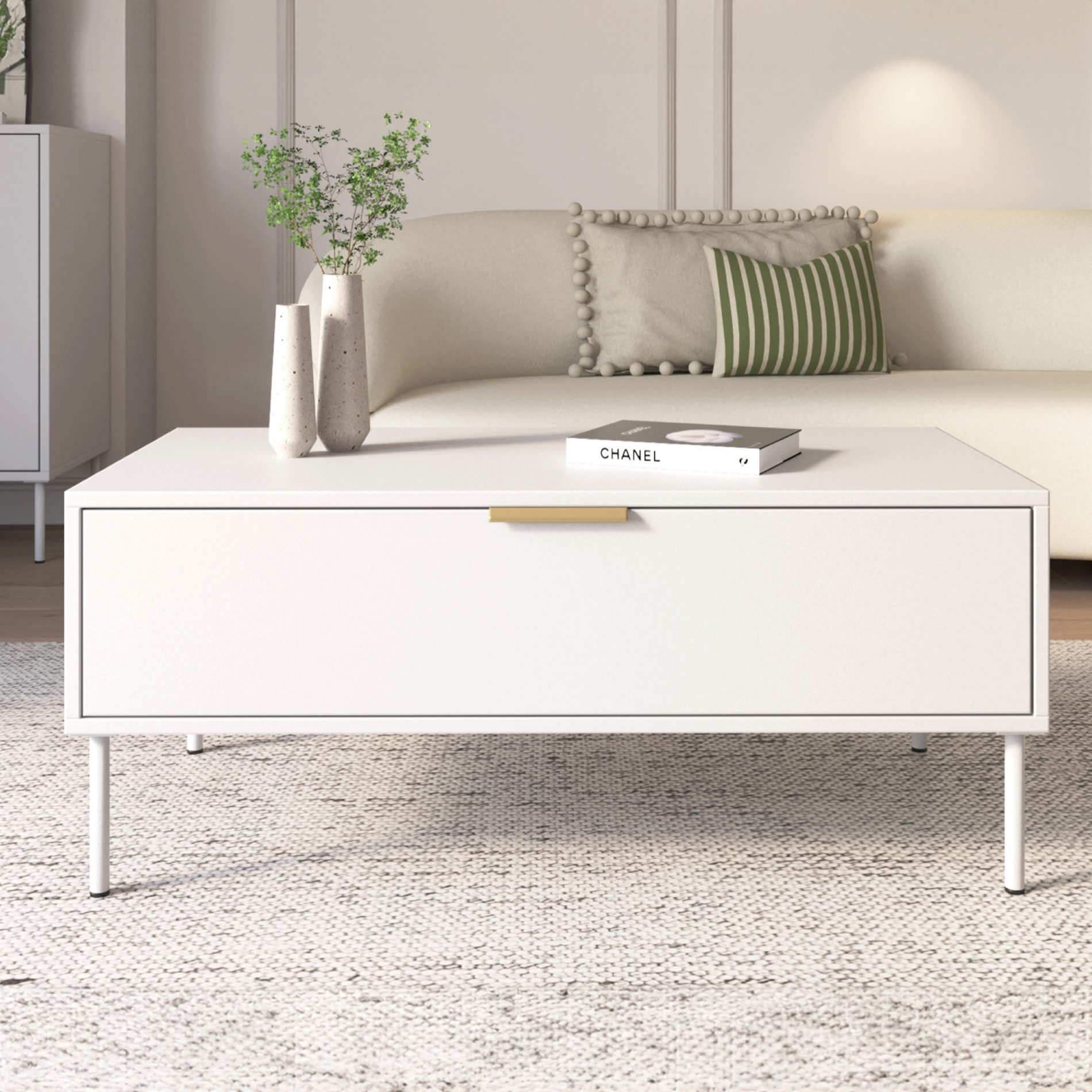 Selsey Couchtisch VENA, Couchtisch in Weiß mit goldenen Griffen, 100x50 cm