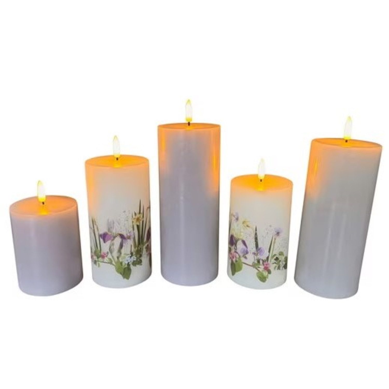 Online-Fuchs LED-Kerze 5er Set LED-Kerzen aus Echtwachs mit Timer (Apricot, Helllila, Rosa, mit Blumenverzierungen), Deko für Frühling, Sommer, Herbst