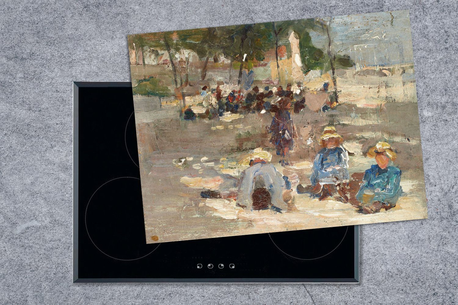 Picknick im Gemälde Mobile tlg), cm, MuchoWow - nutzbar, Park Vinyl, von 70x52 (1 Arbeitsfläche Ceranfeldabdeckung Herdblende-/Abdeckplatte Max Liebermann,