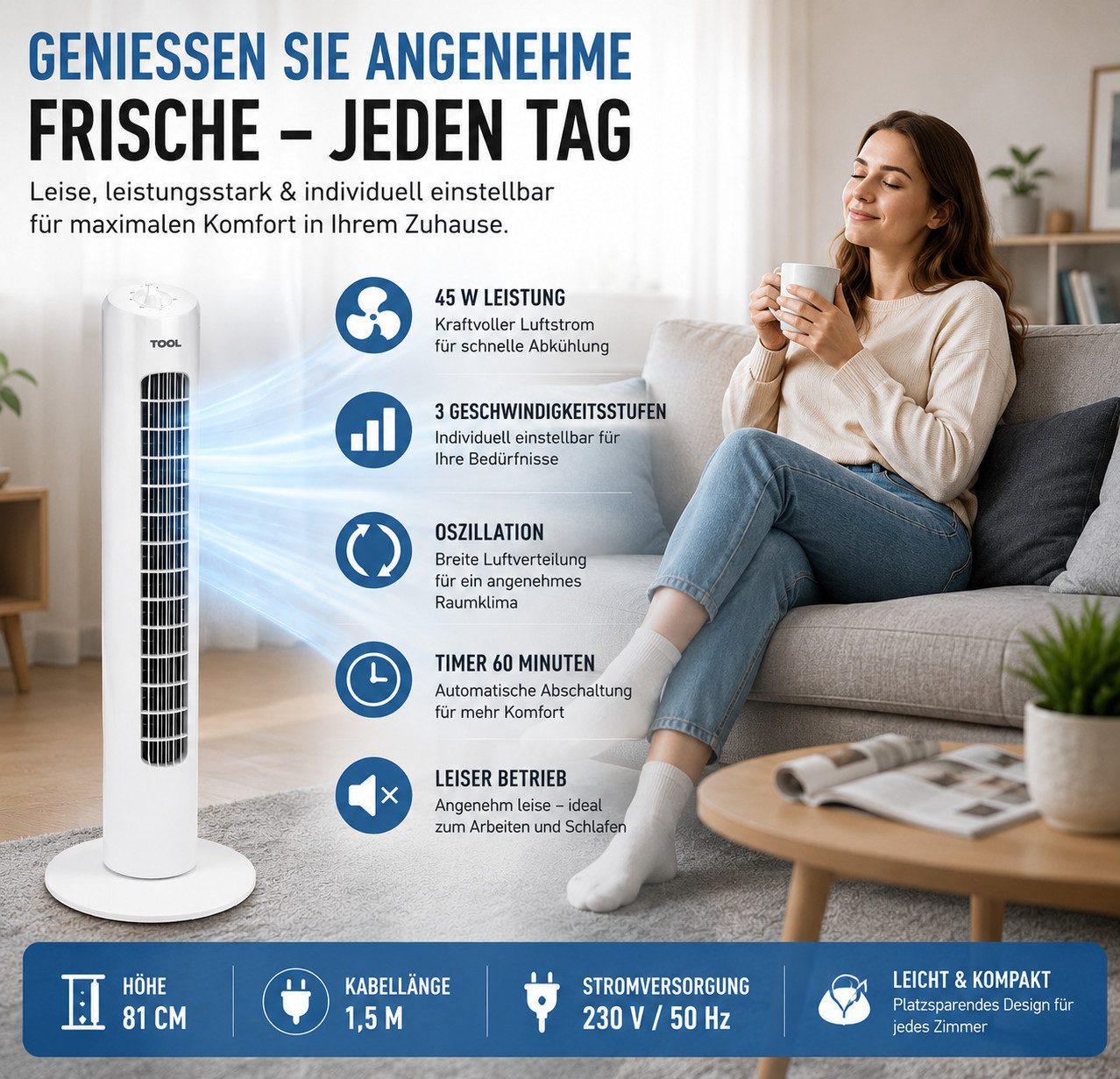 Ertex Turmventilator Standventilator Turmventilator Ventilator 81 cm / 45W Leise Weiß Timer