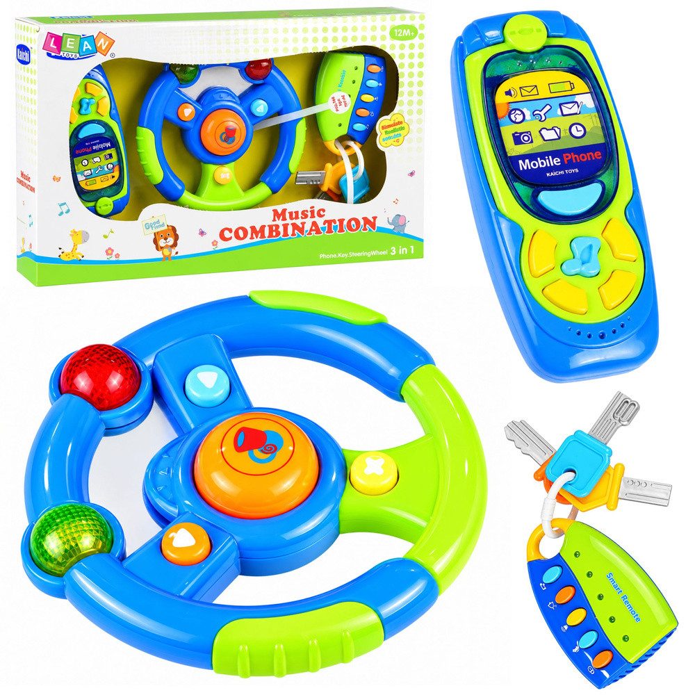 LEAN TOYS Spielzeug-Lenkrad Musiklenkrad Spieltelefon Autoschlüssel, (Spar-Set, 1-tlg., 18 cm Lenkrad bunt), 3-in-1-Set, Licht- & Soundeffekte, Hupe, Blinker