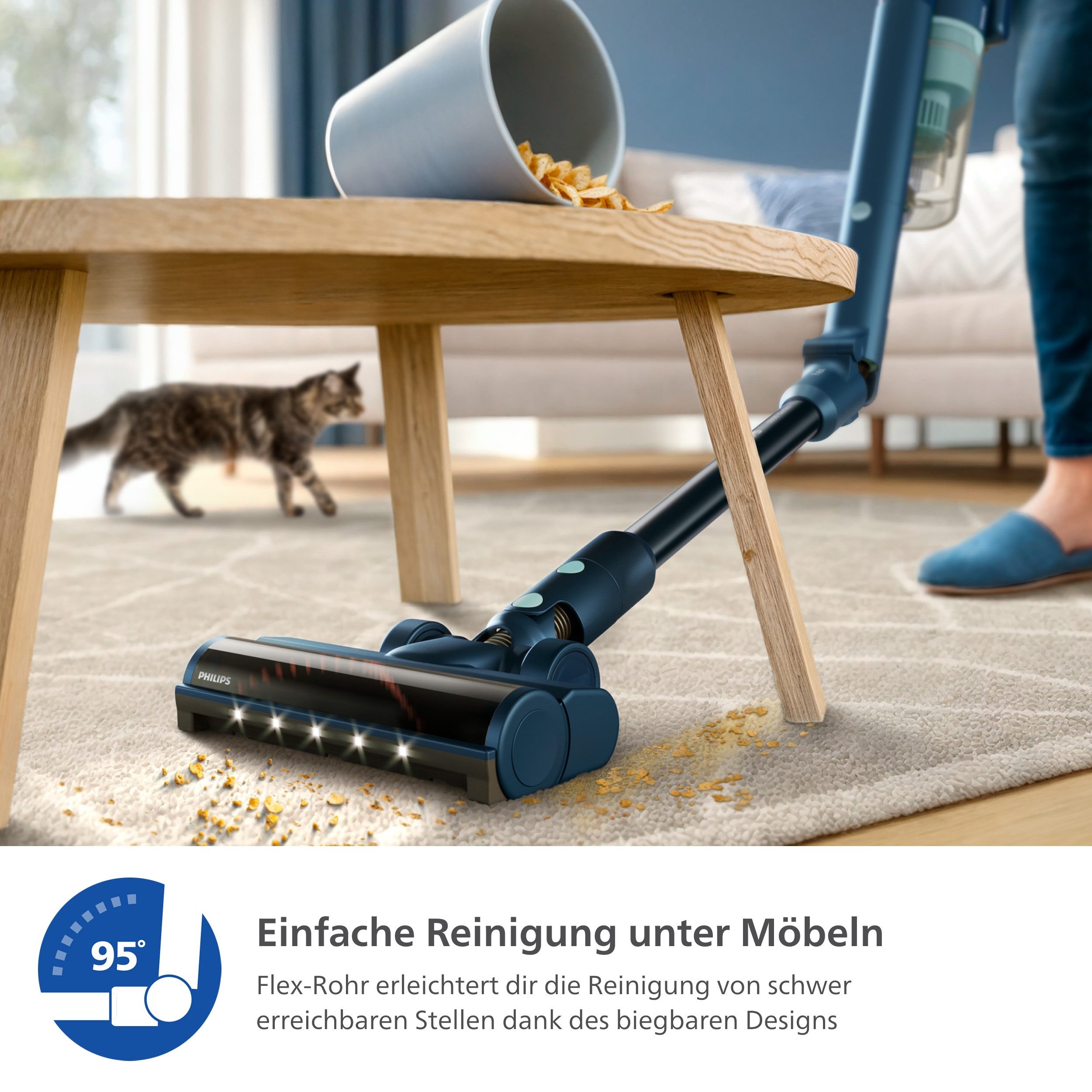 Philips Akku-Hand-und Stielstaubsauger XC5242/10 5000 Series „Teppichwunder“ mit Flexrohr, 50,4 W, beutellos, mit bis zu 60 Minuten Laufzeit und TriActive Multi-LED-Düse