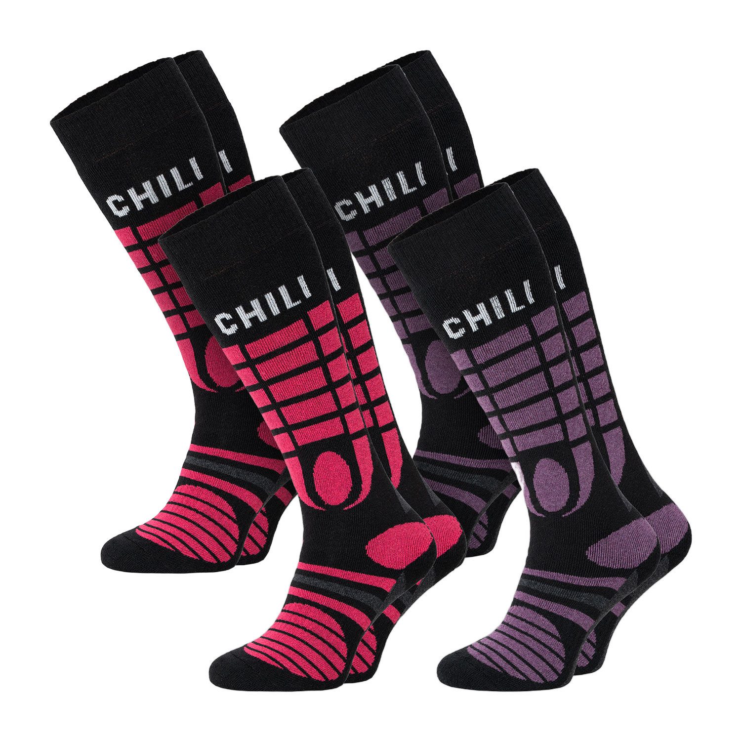 Chili Lifestyle Skisocken SKI THERMO gepolsterte Kniestrümpfe Ski Snowbard Winter aus Baumwolle (Multipack, 4-Paar, 2 Farbdesigns) Weichbund ohne Gummidruck