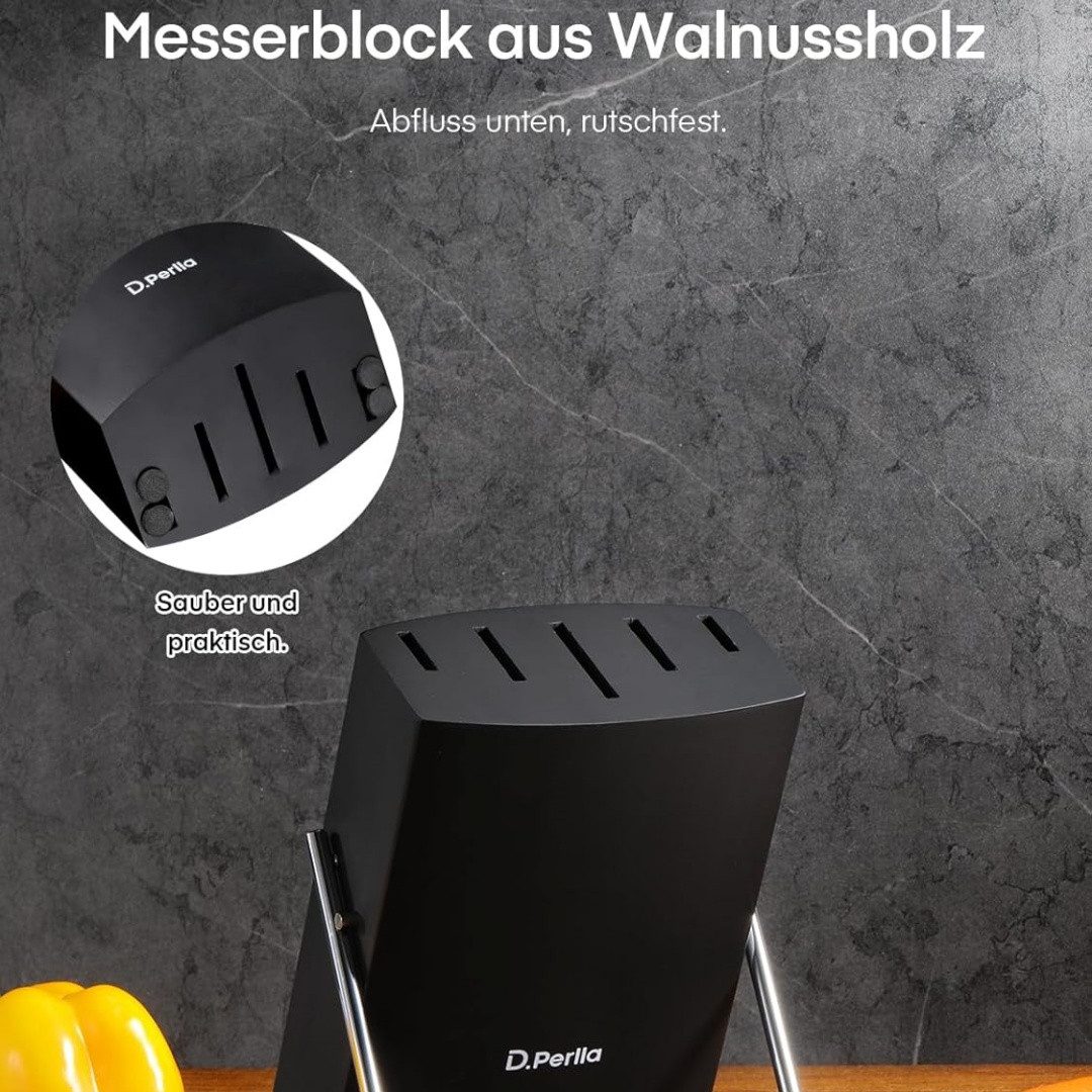 D.Perlla Messer-Set 6-teiliges Küchenmesserset aus X50CR15-Edelstahl, mit Holzblock (Set, 6-tlg), 3-Nieten-Konstruktion und ergonomischer Griff
