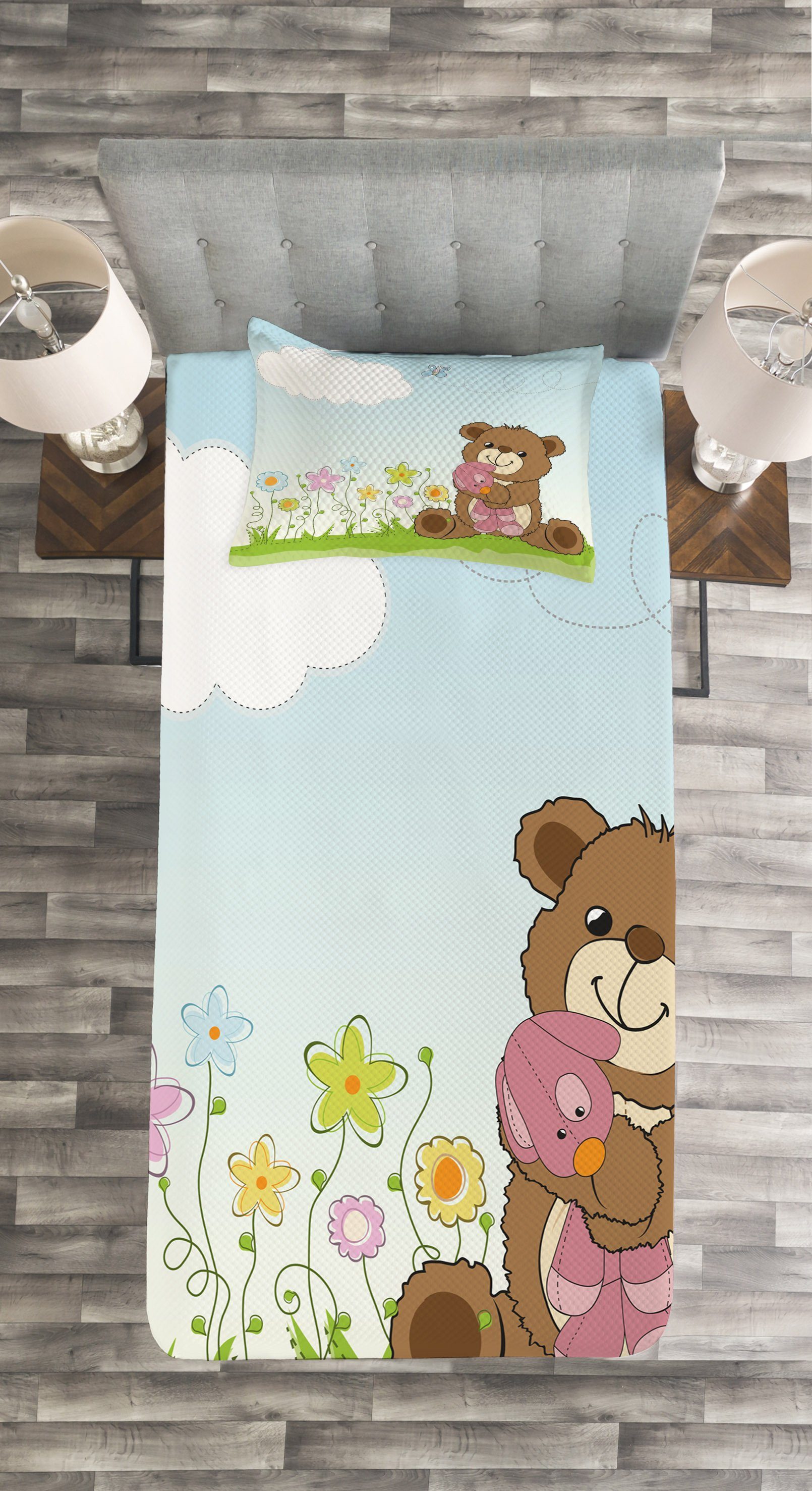 und Abakuhaus, mit Waschbar, Teddybär Blume Kissenbezügen Spielzeug Tagesdecke Set Cartoon