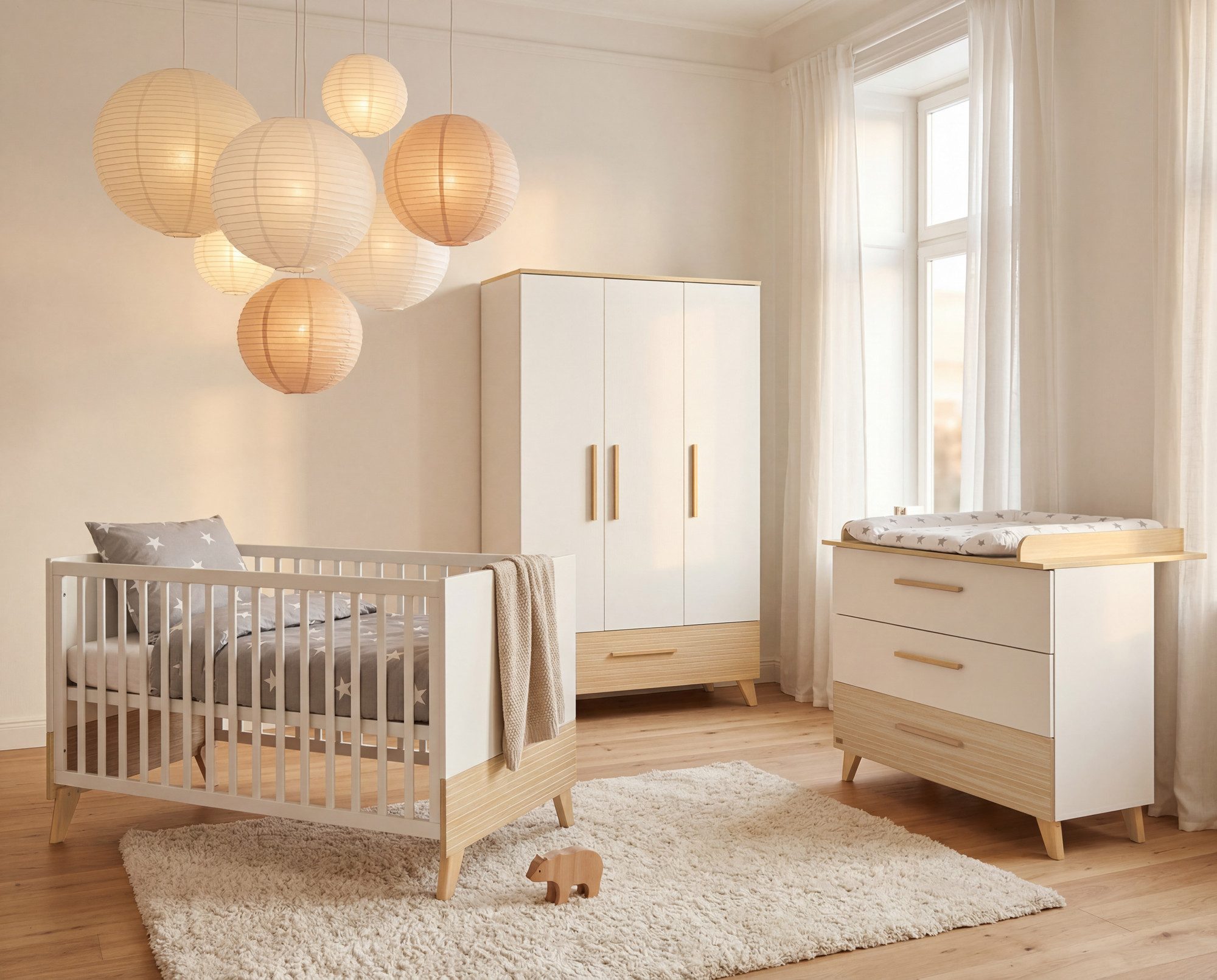 roba® Kleiderschrank Theo - moderner Kleiderschrank aus Holz mit 3 Türen und 1 Schublade Griffe & Füße aus Massivholz - Soft-Close Türen - Weiß / Ulme