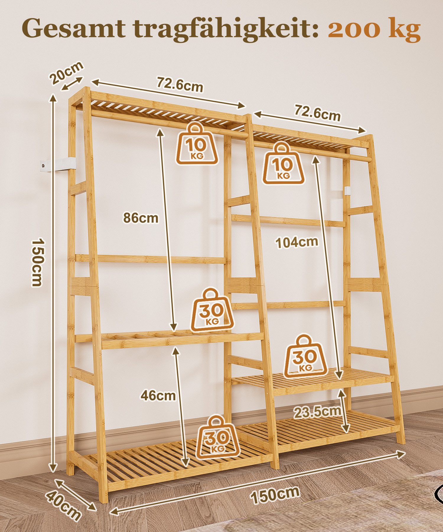 Yorbay Kleiderständer mit Ablage, Garderobenständer aus Bambu Multifunctional, Kleiderständer für Flur, Wohnzimmer, Schlafzimmer