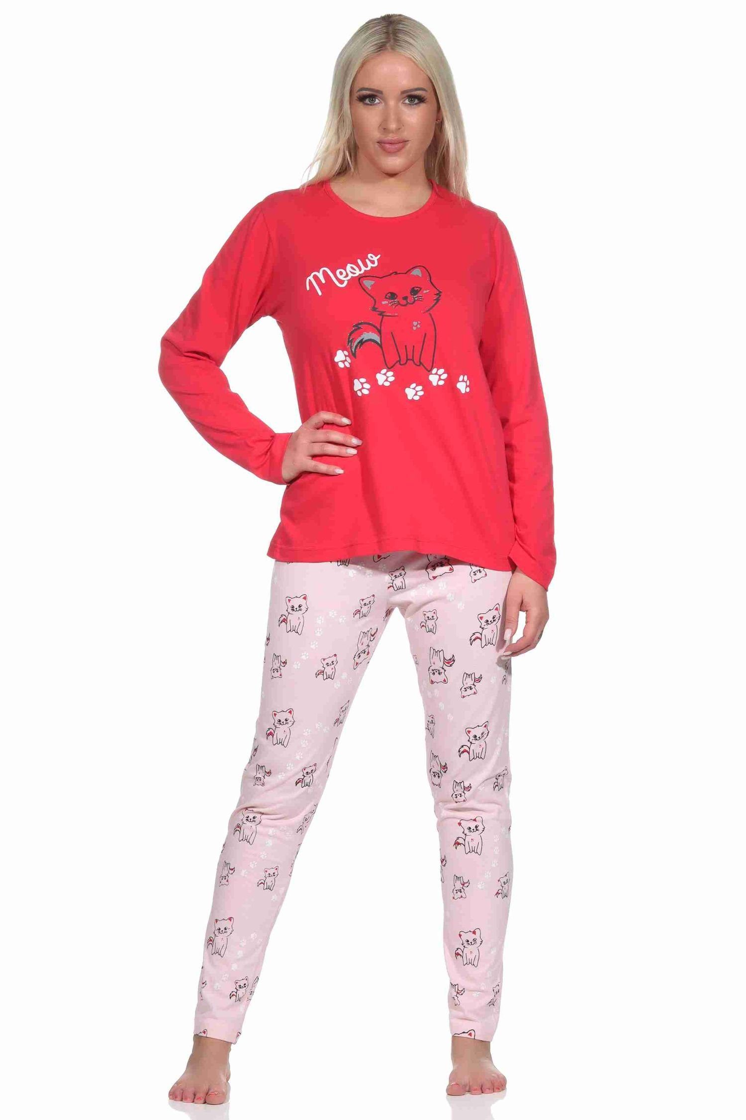 Normann Pyjama Süsser Damen Schlafanzug lang Pyjama mit Katzen - Motiv pink