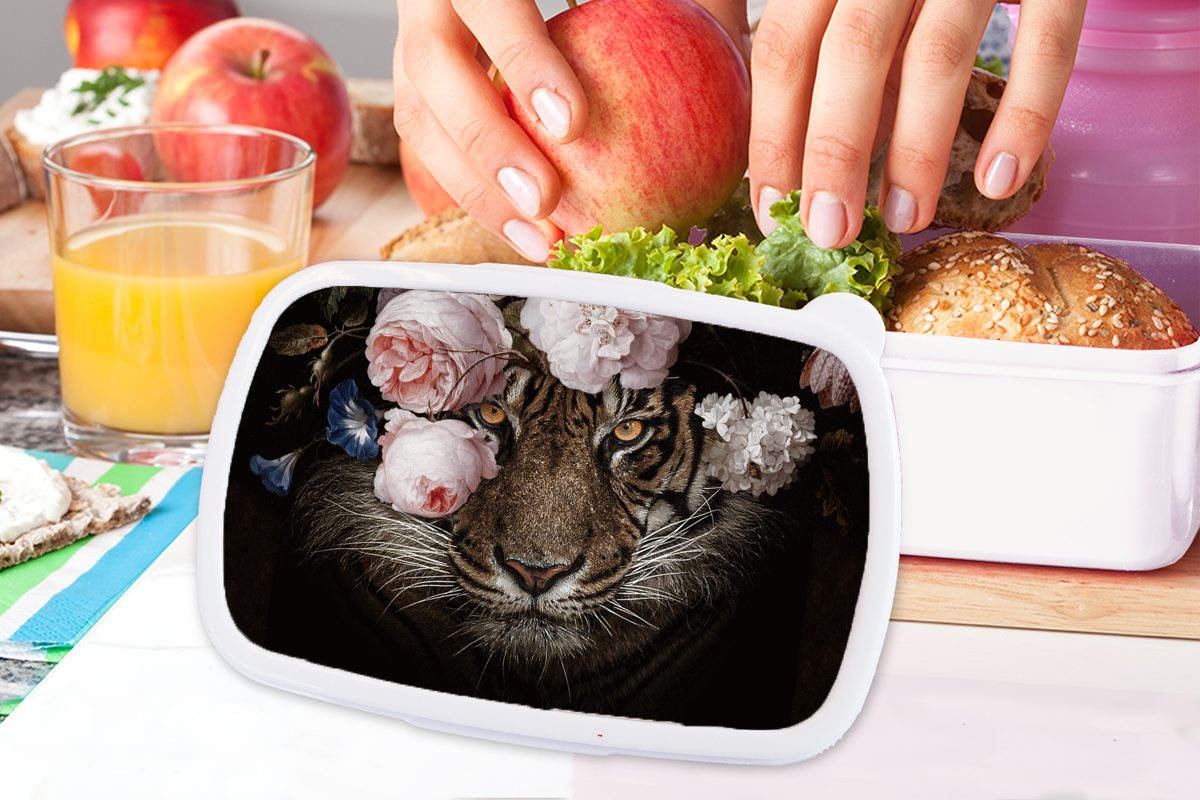 MuchoWow Lunchbox Tiger - - Porträt, Erwachsene, Mädchen Brotbox Jungs und Brotdose, für Kinder für Kunststoff, und weiß (2-tlg), Blumen