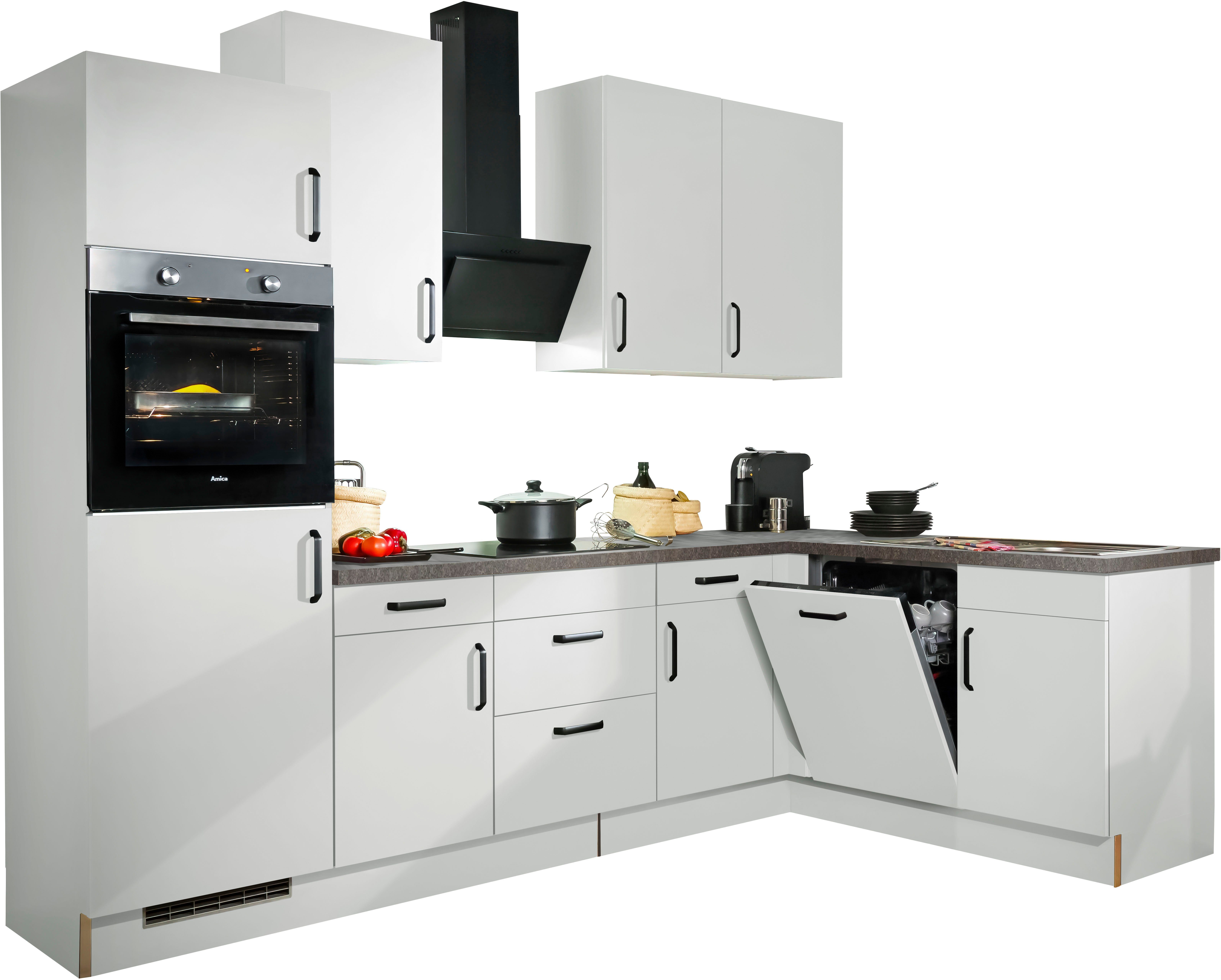 wiho Küchen Winkelküche "Simi", mit verstellbaren Füßen, wahlweise mit E-Geräten, Soft-Close-Funktion in Schubkästen & Auszügen, Stellbreite 285/175 cm