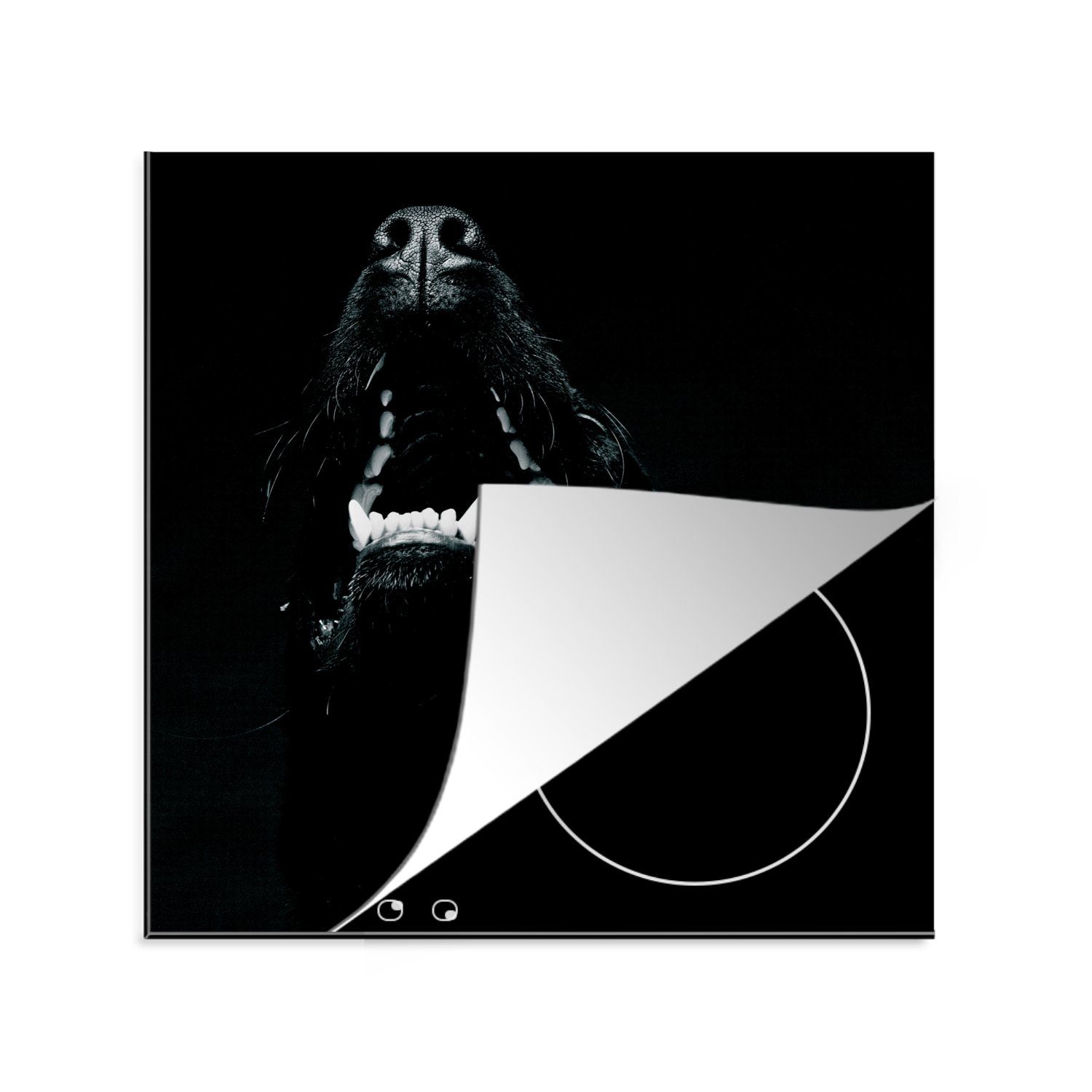 MuchoWow Herdblende-/Abdeckplatte Tierprofil Hund mit offenem Maul in schwarz und weiß, Vinyl, (1 tlg), 78x78 cm, Ceranfeldabdeckung, Arbeitsplatte für küche