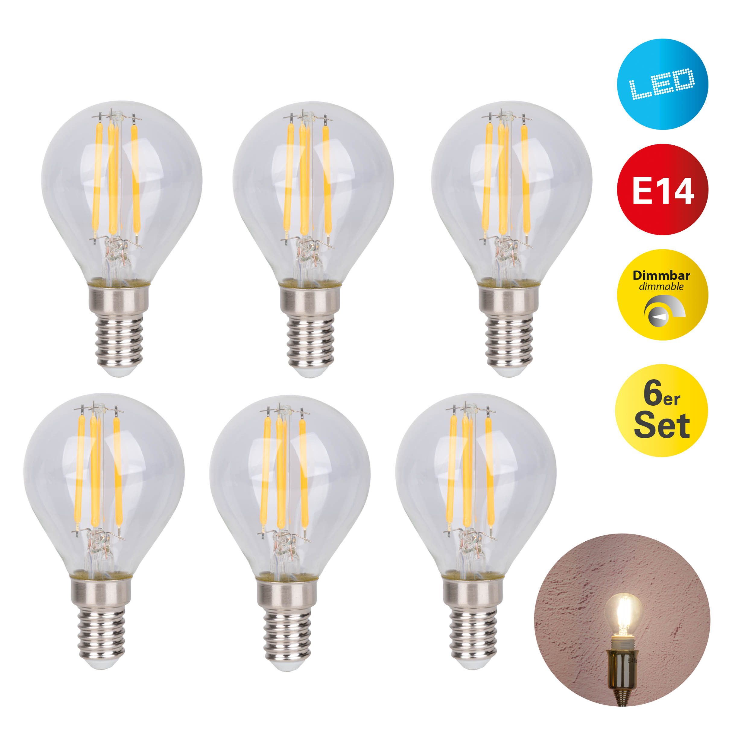 näve LED-Leuchtmittel Daffy, E14, 6 St., Warmweiß, 6er Set, LED in warmweiß, E14, dimmbar, Farbe klar, D: 4,5cm, H: 8cm