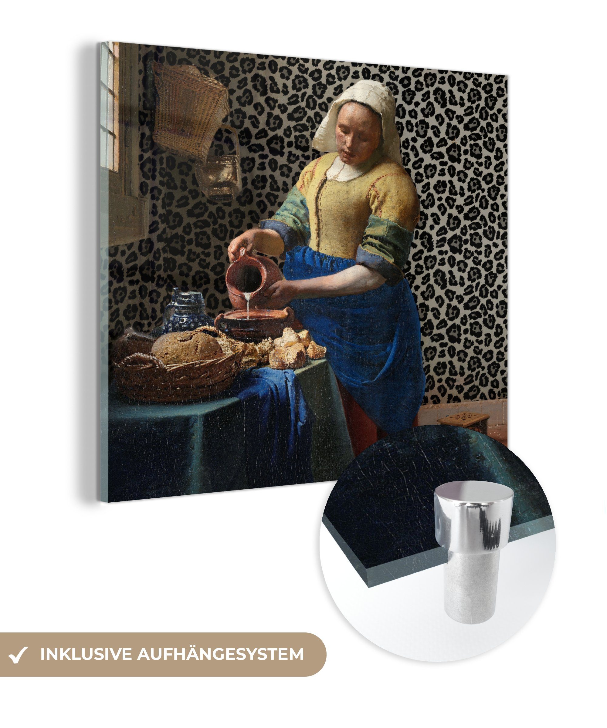 MuchoWow Acrylglasbild Milchmädchen - Kunst - Pantherdruck - Vermeer - Gemälde - Alte Meister, (1 St), Glasbilder - Bilder auf Glas Wandbild - Foto auf Glas - Wanddekoration bunt
