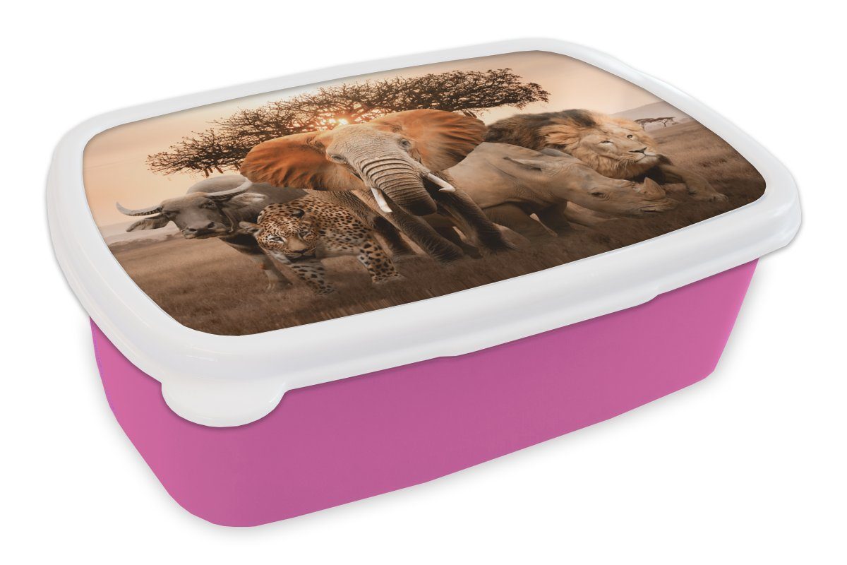 MuchoWow Lunchbox Tiere - Elefant - Löwe, Kunststoff, (2-tlg), Brotbox für Erwachsene, Brotdose Kinder, Snackbox, Mädchen, Kunststoff rosa