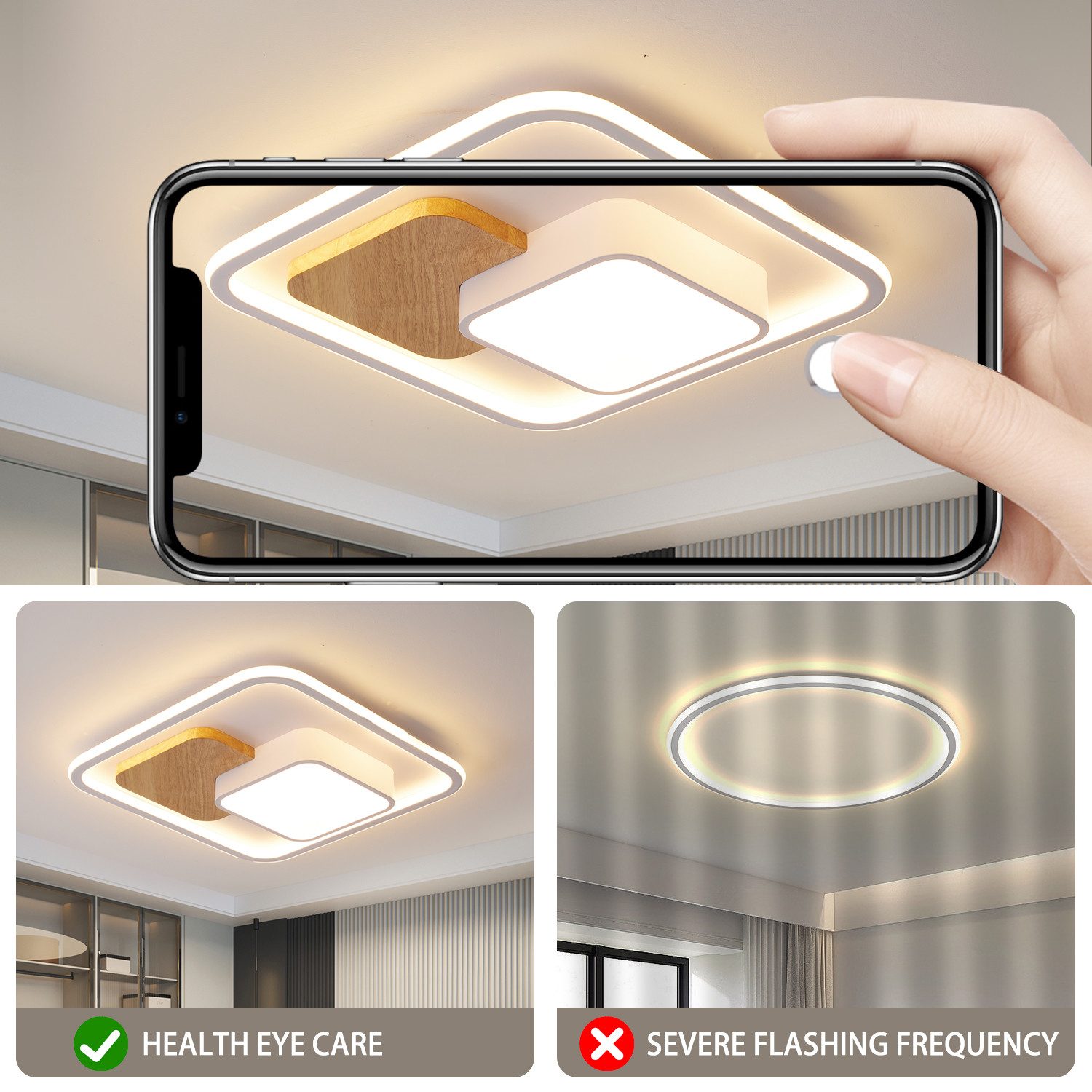 style home Deckenleuchte LED Deckenlampe Holz, dimmbar mit Fernbedienung 3000-6000K, 93W, LED fest integriert, Rechteckige Lampe, 52*52*8.5cm, für Wohnzimmer Schlafzimmer Küche Diele Flur