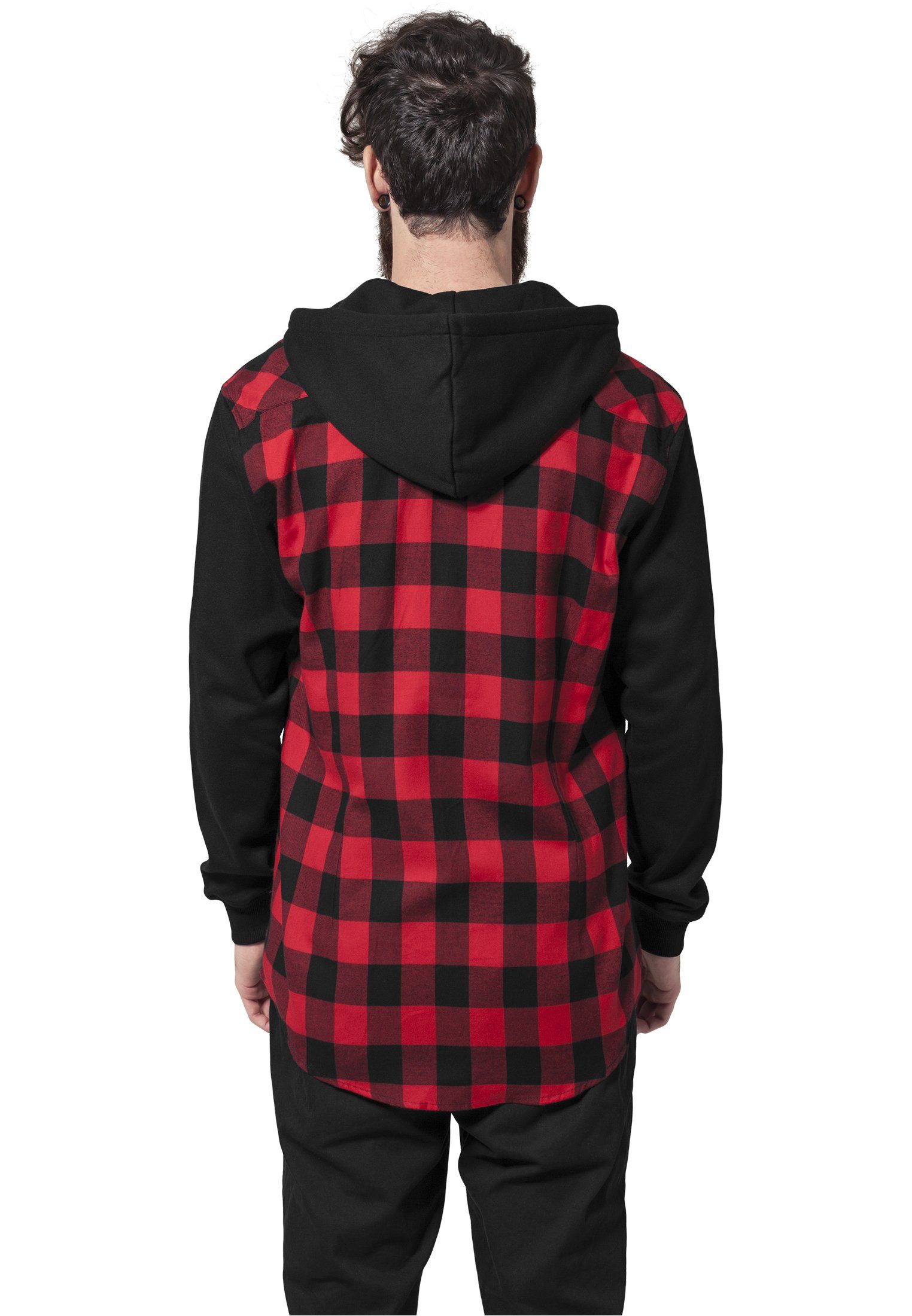 URBAN CLASSICS Shirtjacke Herren Hooded Sweat Sleeve blk/red/bl Flanell (1-tlg) Checked Shirt
