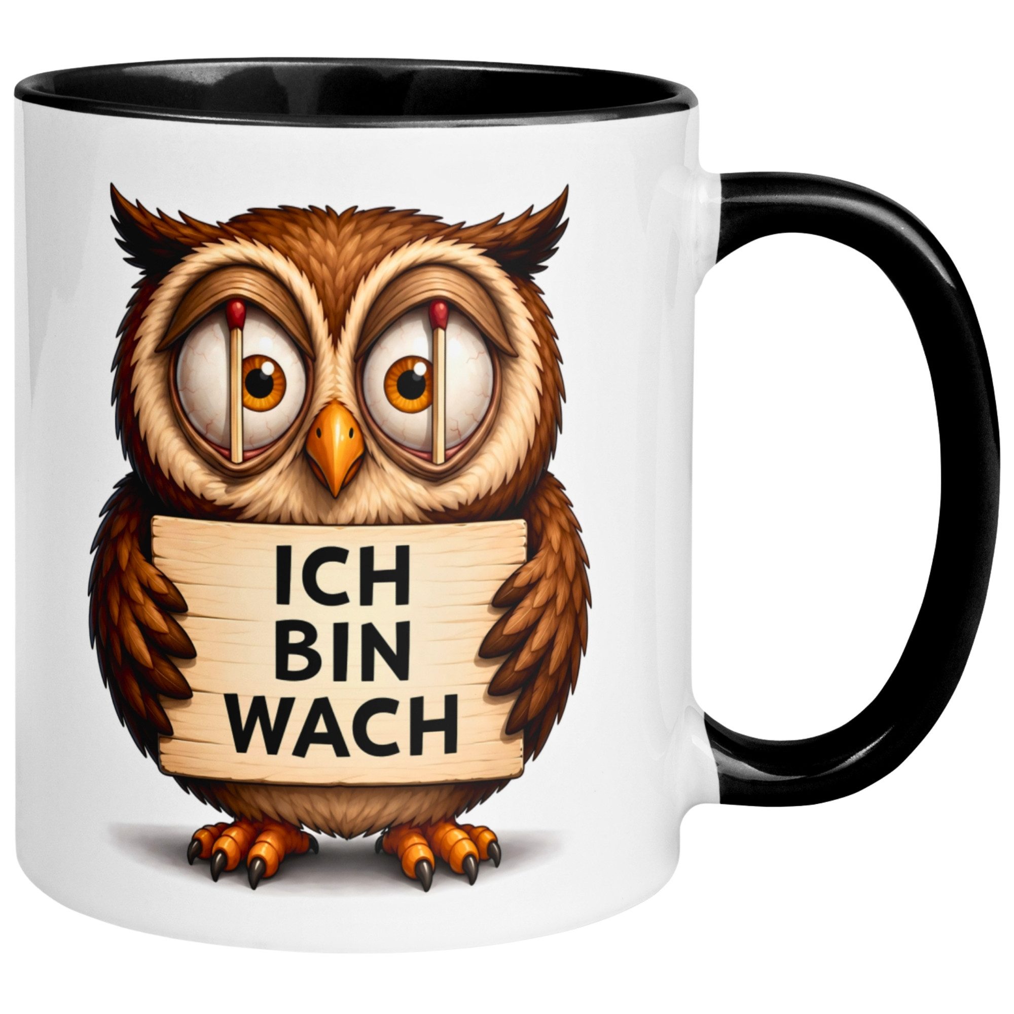 Momentals Tasse Eule – „Ich bin wach“ – lustiger Eulen Geschenk Becher Morgenmuffel, Gratis Versand · Links-&Rechtshänder · Spülmaschinenfest