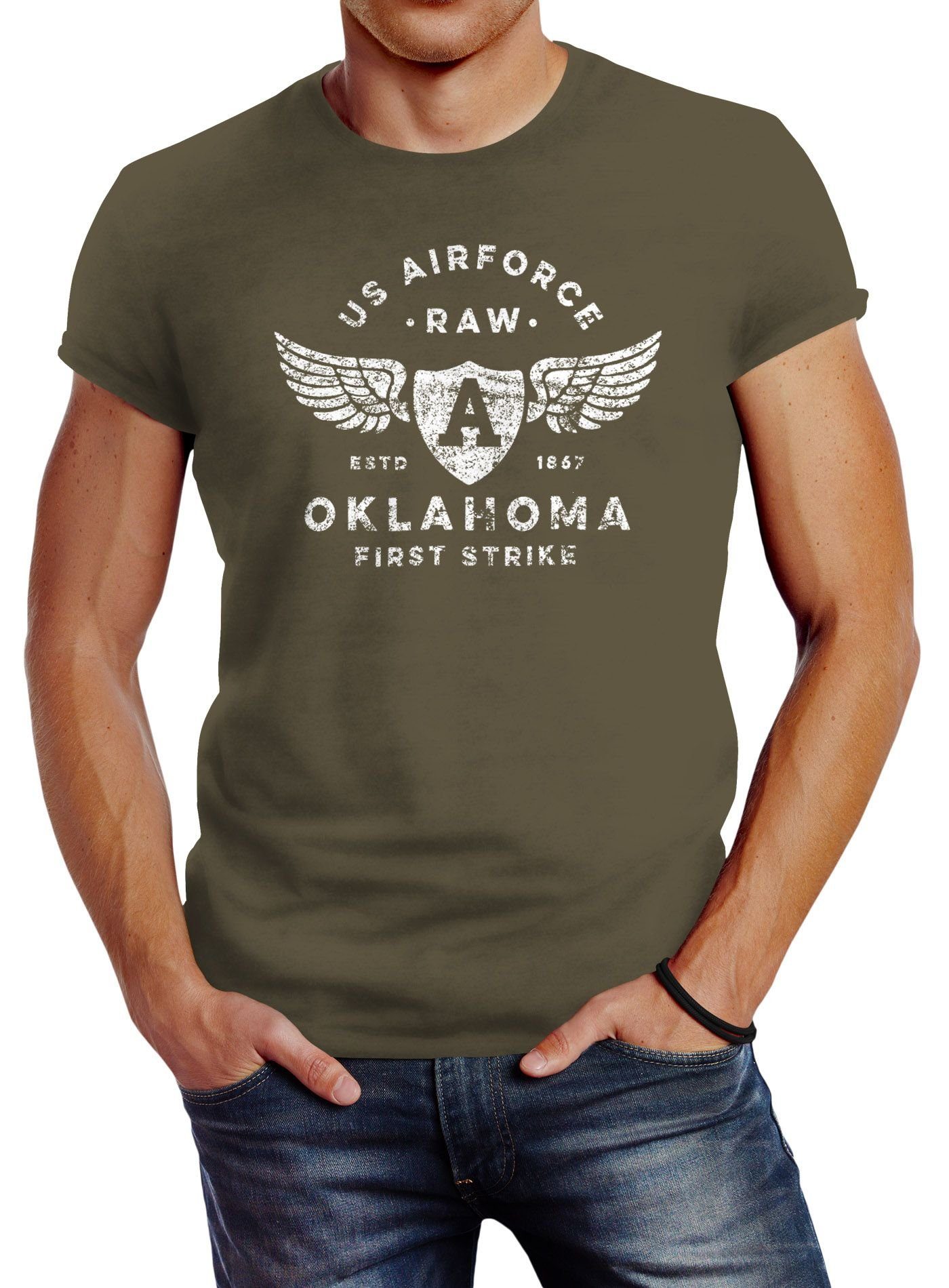 Neverless Print-Shirt Herren T-Shirt Print US Airforce Oklahoma Aviator Vintage-Shirt Neverless® mit Print grün | T-Shirts