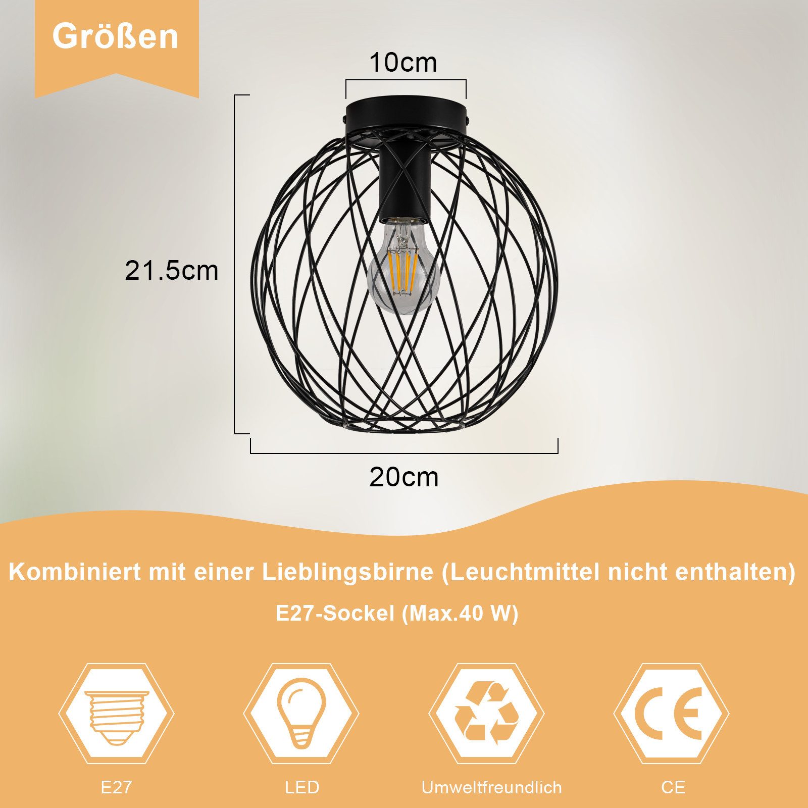 Nettlife Deckenleuchte Schwarz Vintage Kaefig Deckenstrahler E27 Lampenfassung Metall, LED wechselbar, Einzeln Esszimmerlampe für Wohnzimmer Küche Schlafzimmer Flur