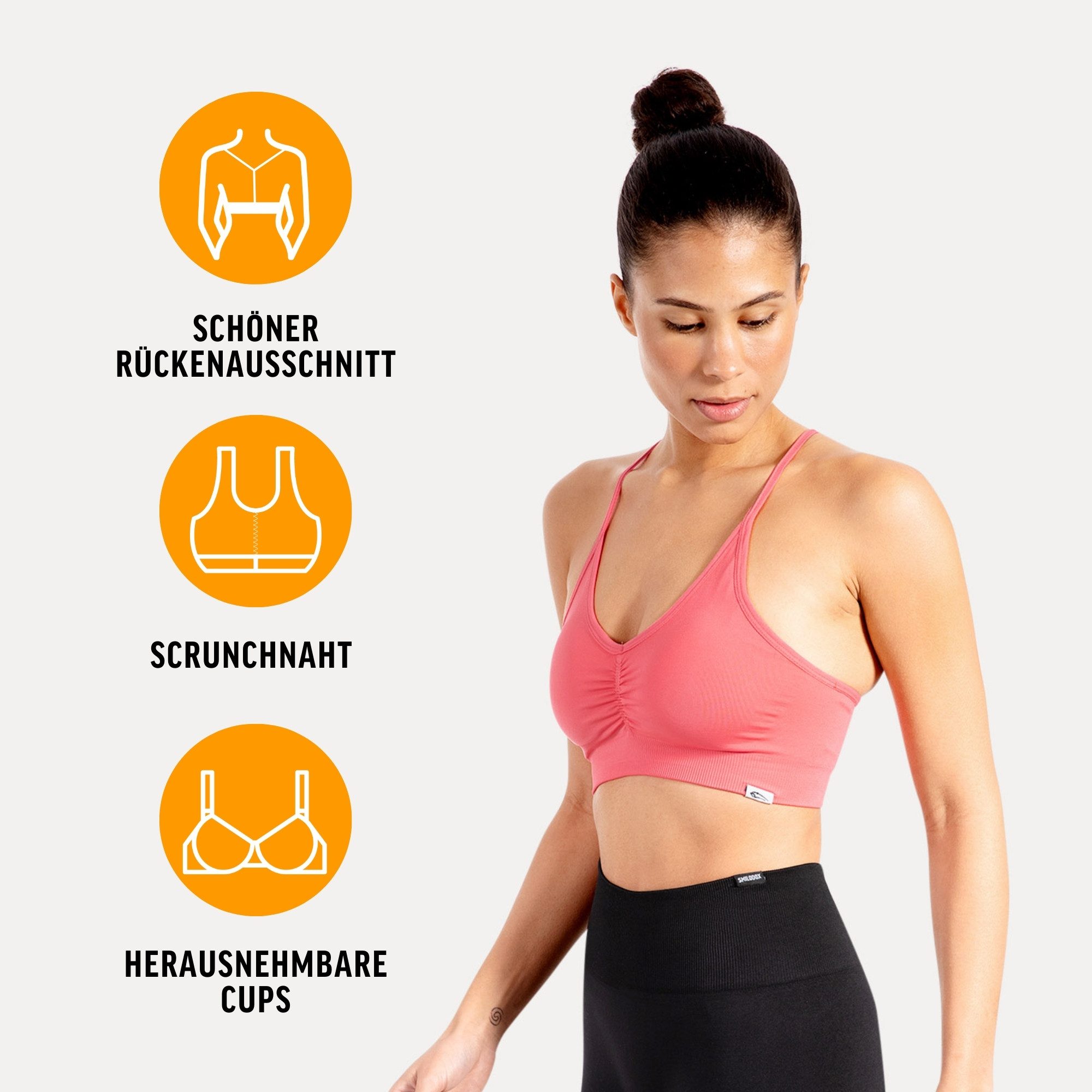 Smilodox Sport-BH Solid Scrunch, Ohne Bügel BH, Shaped Fit Yoga Bra, V-Ausschnitt Herausnehmbare Cups, Blickdichter Push Up BH, Verstellbare Träger