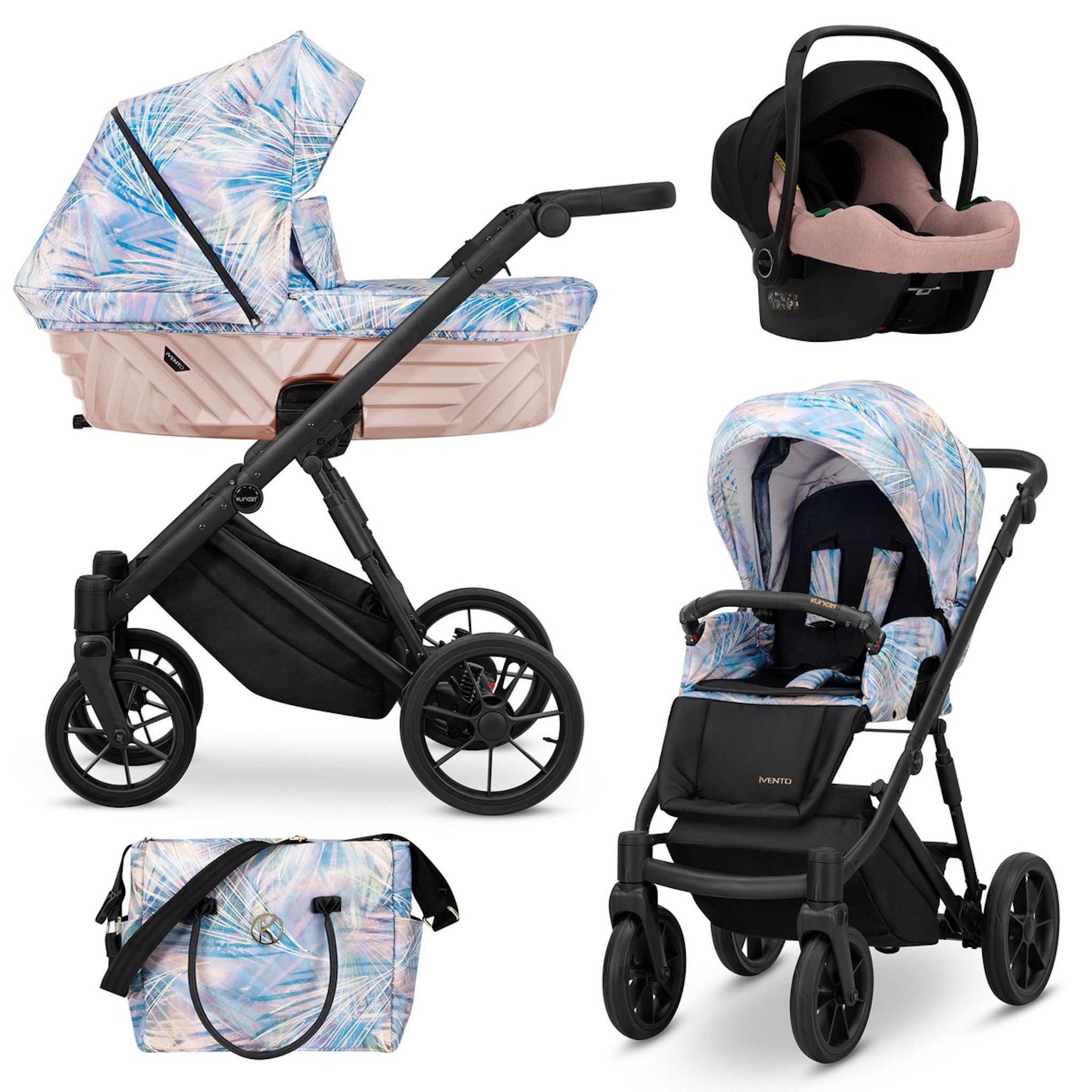 KUNERT Kombi-Kinderwagen IVENTO 3in1 Kinderwagen mit schwarzem Rahmen und Zubehör, 2in1-Set mit Babywanne und Sportsitz