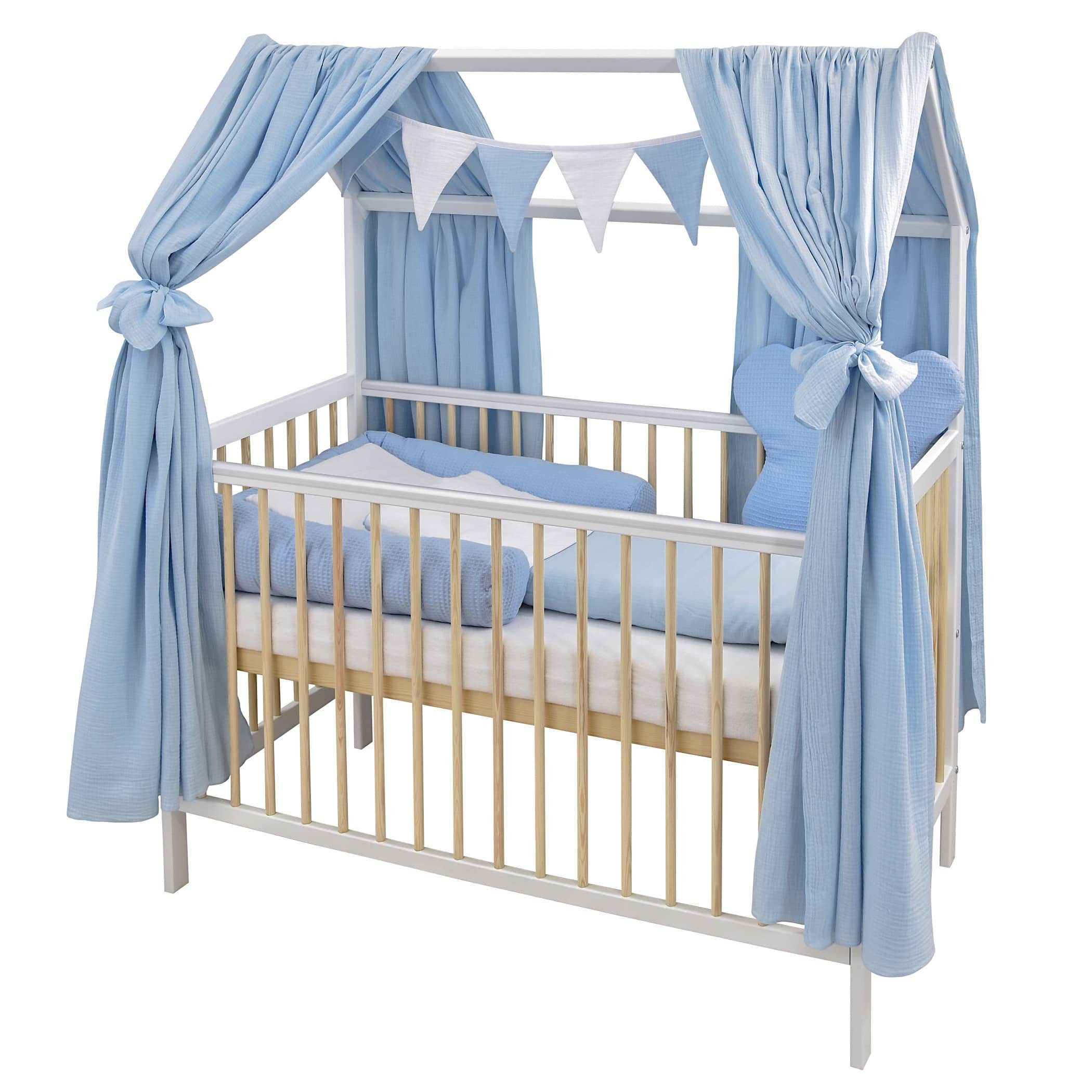 Baby-Delux Komplettbett Hausbett Babybett Komplettset Waffelpique Musselin, 12-tlg., Kinderbett 60x120 cm weiß Natur, Bettset verschiedene Designs