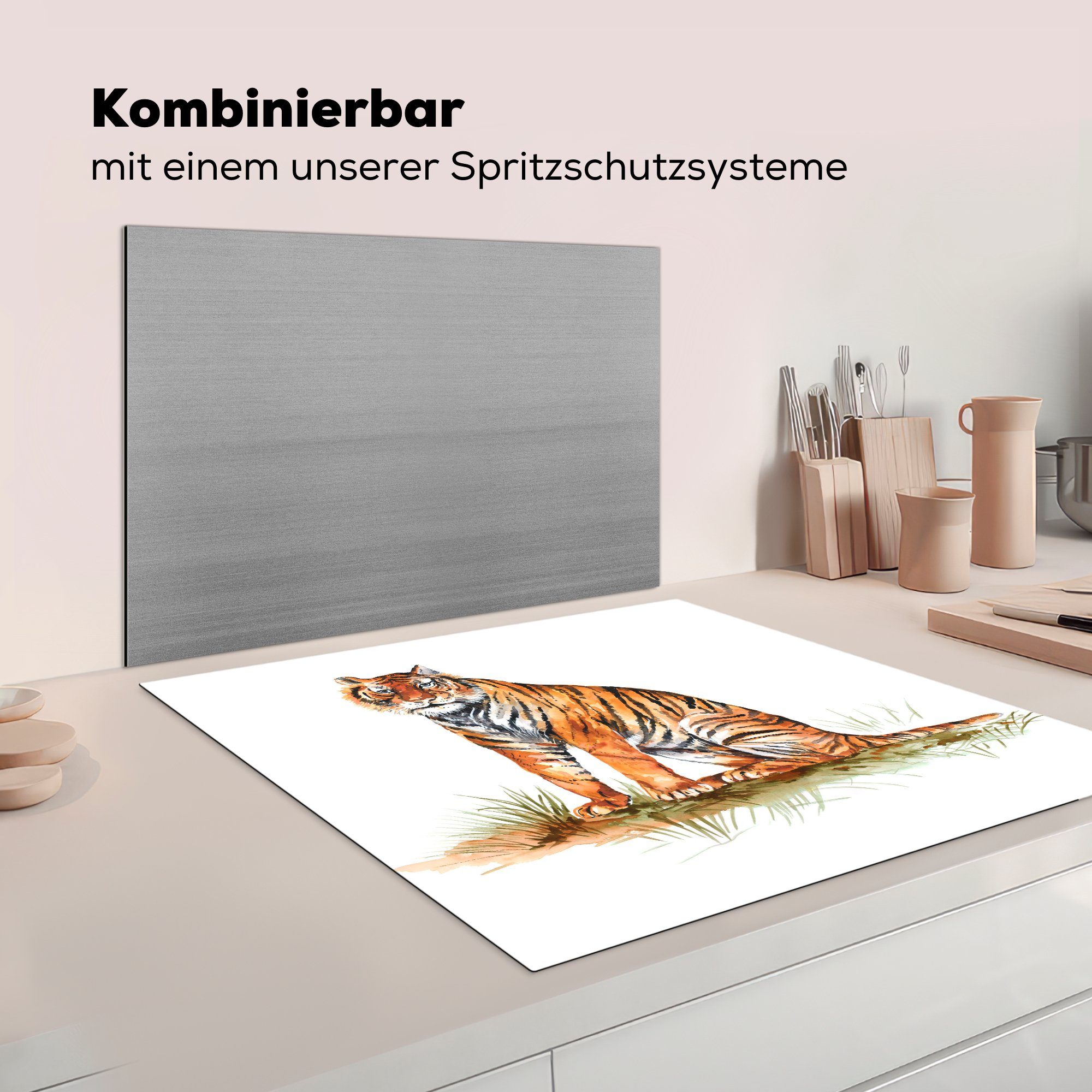 - (1 78x78 cm, Herdblende-/Abdeckplatte küche tlg), Tiger Vinyl, Malerei, Arbeitsplatte Gras für Ceranfeldabdeckung, - MuchoWow