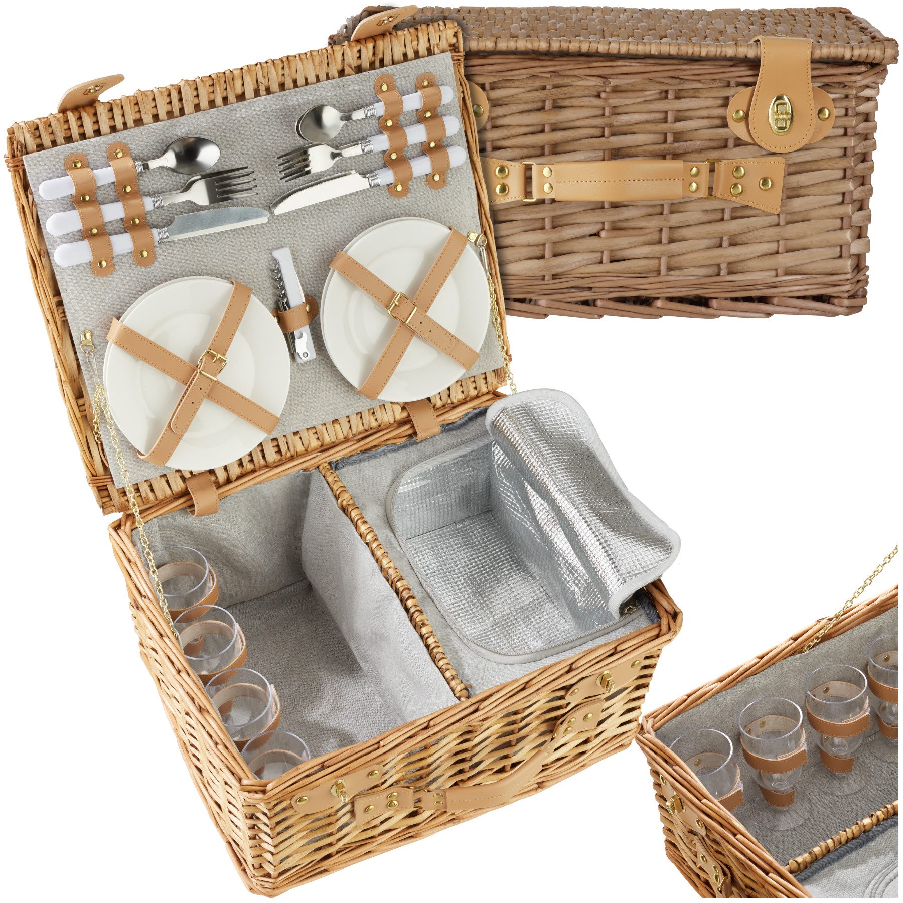 tectake Picknickkorb Picknickbox für 4, 45 x 37 x 21 cm, Kühlfach, geflochtene Weide (Picknickkoffer Föhr, in braun), 20-tlg. Geschirrset, Kellnermesser, Drehverschlüsse und Tragegriff