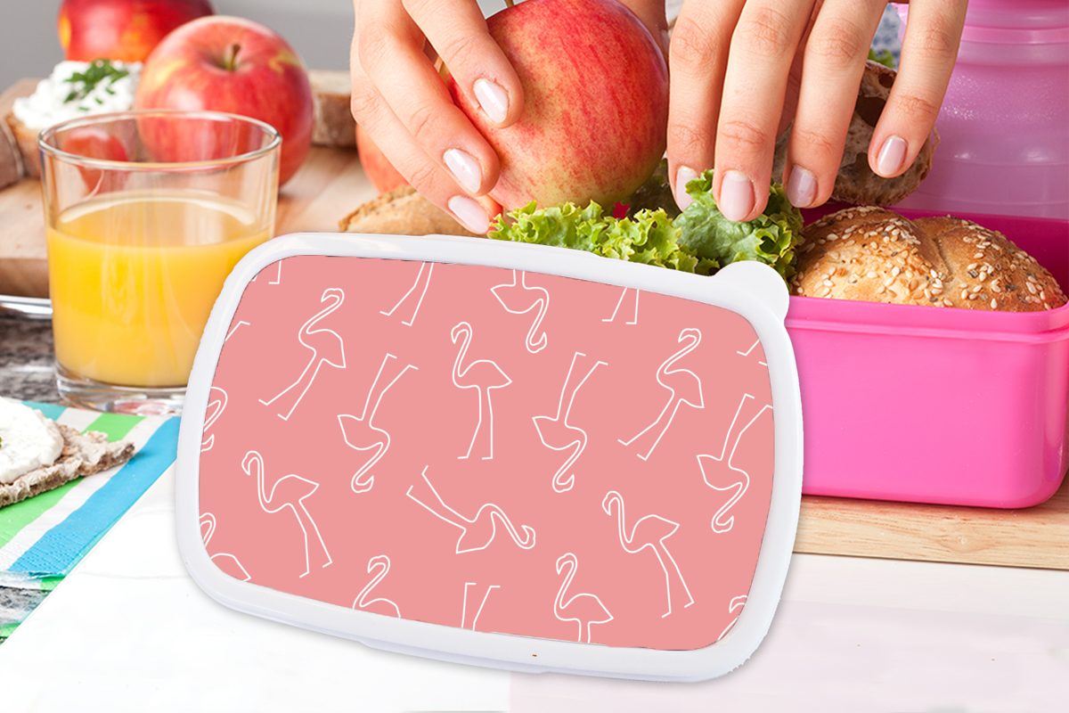Lunchbox Kinder, Mädchen, Snackbox, Linienkunst Kunststoff - Erwachsene, MuchoWow - für Muster, Kunststoff, Brotbox Flamingo - Rosa (2-tlg), Brotdose