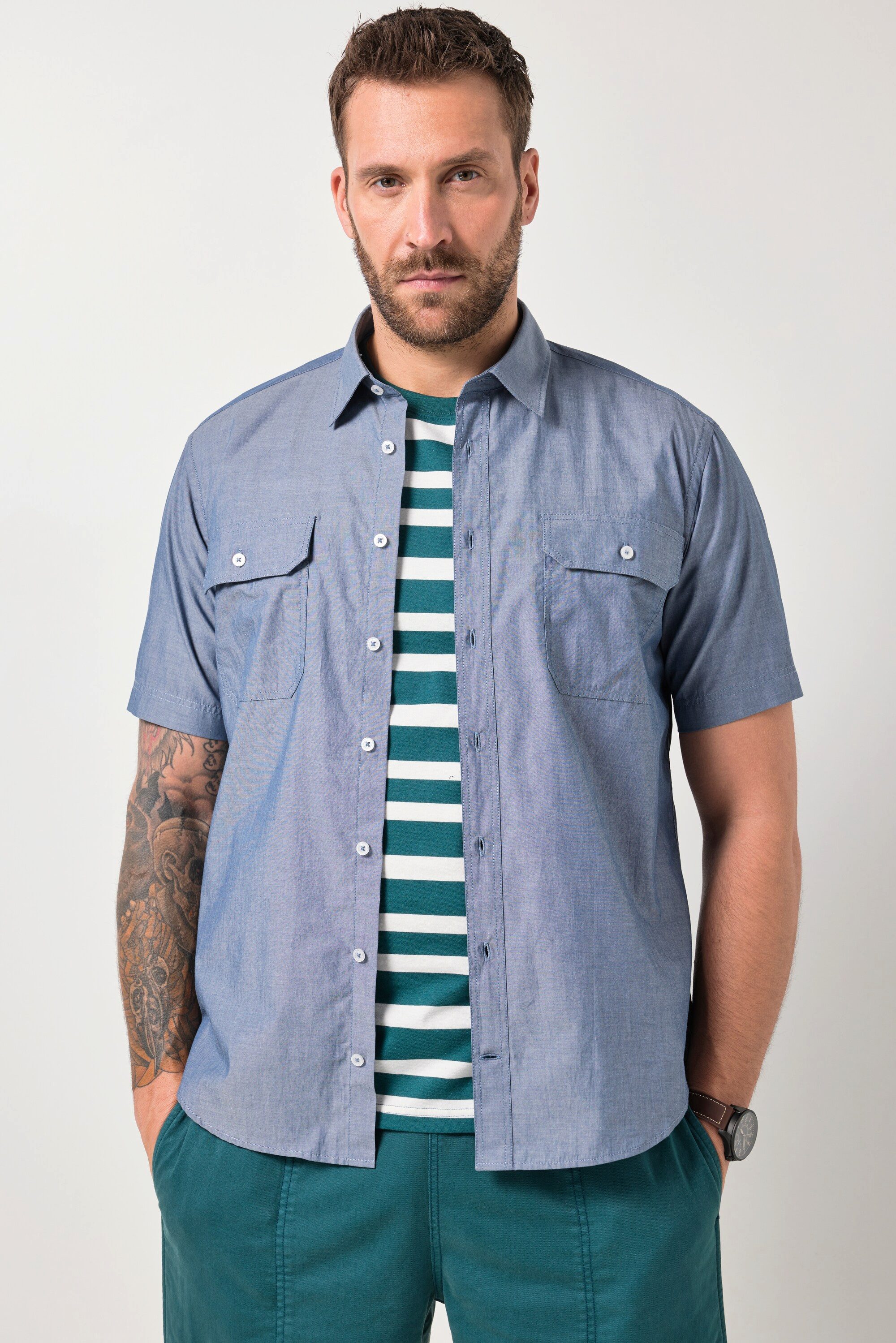 JP1880 Kurzarmhemd Chambray-Hemd Halbarm Kentkragen 2 Taschen