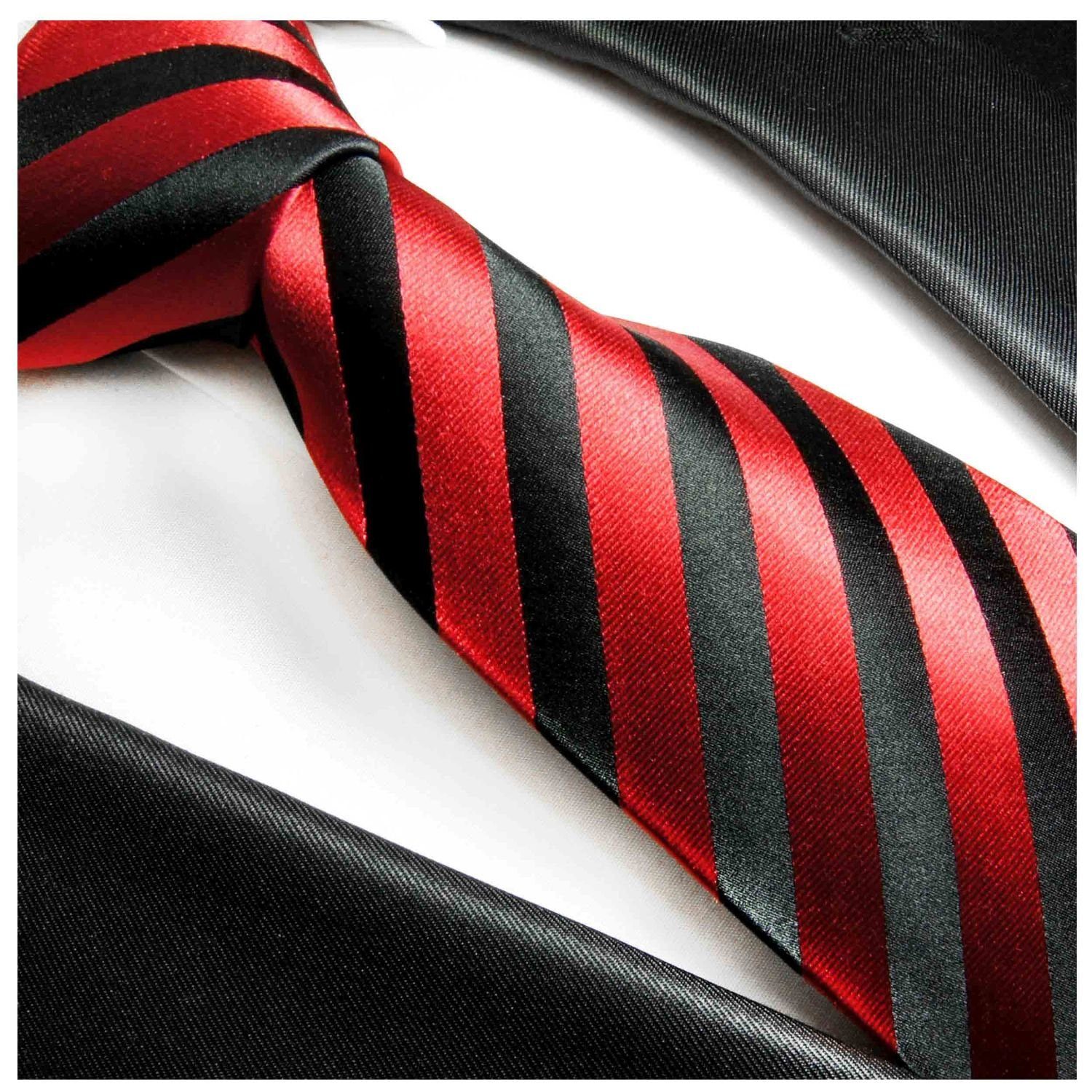 Paul schwarz Seidenkrawatte 2-St., gestreift 452 100% Krawatte Einstecktuch) Breit rot mit Tuch und (Set, modern (8cm), Seide Krawatte Herren Malone