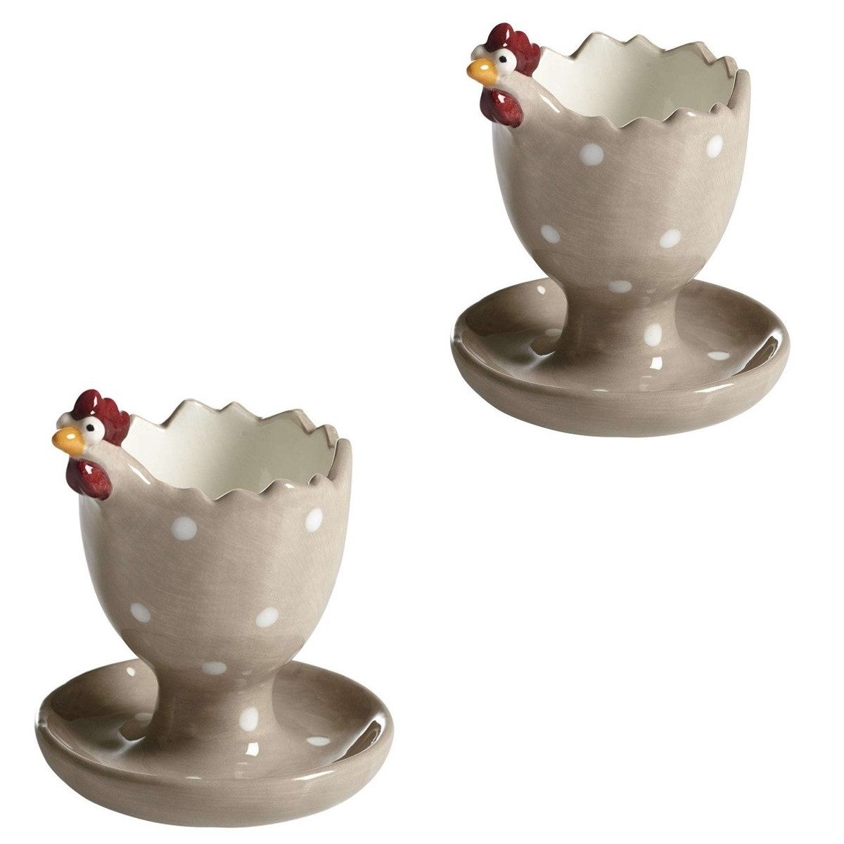 Nääsgränsgården Eierbecher aus Keramik mit Punkten/Polka Dots (Weiß, Grün oder Taupe), (2-tlg), mit Ablage für Eierschalen/Löffel