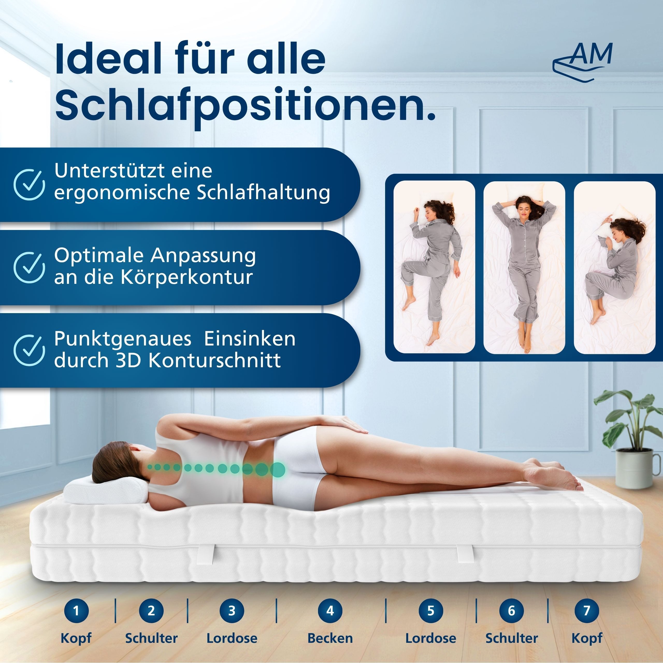 Taschenfederkernmatratze Deluxe 7-Zonen Federkernmatratze mit 3D Kaltschaum, Optimale Anpassung, AM Qualitätsmatratzen, 24 cm hoch, 80x200 cm