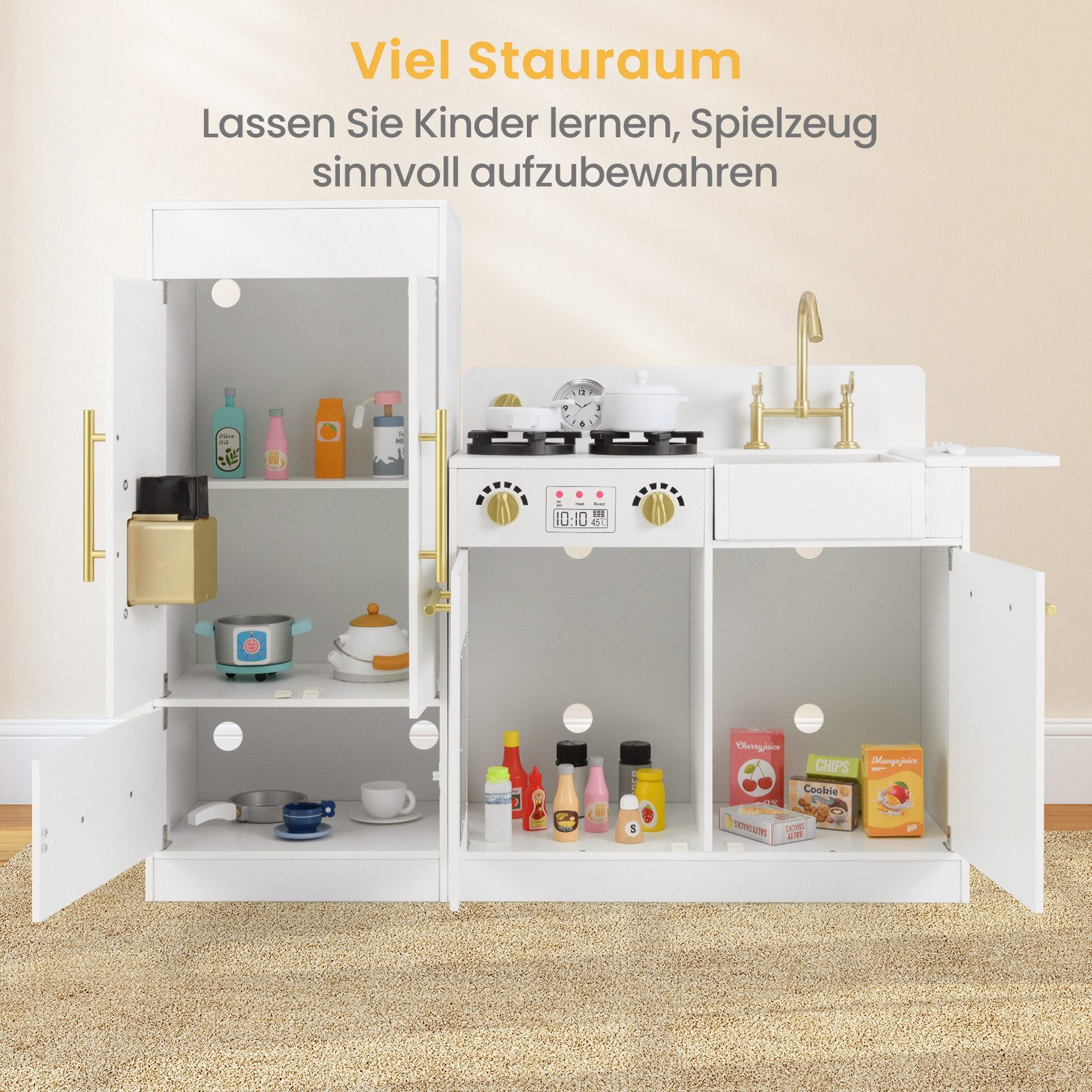 COSTWAY Spielküche Holz, Holzspielzeug-Küchenset für Kleinkinder mit Kühlschrank