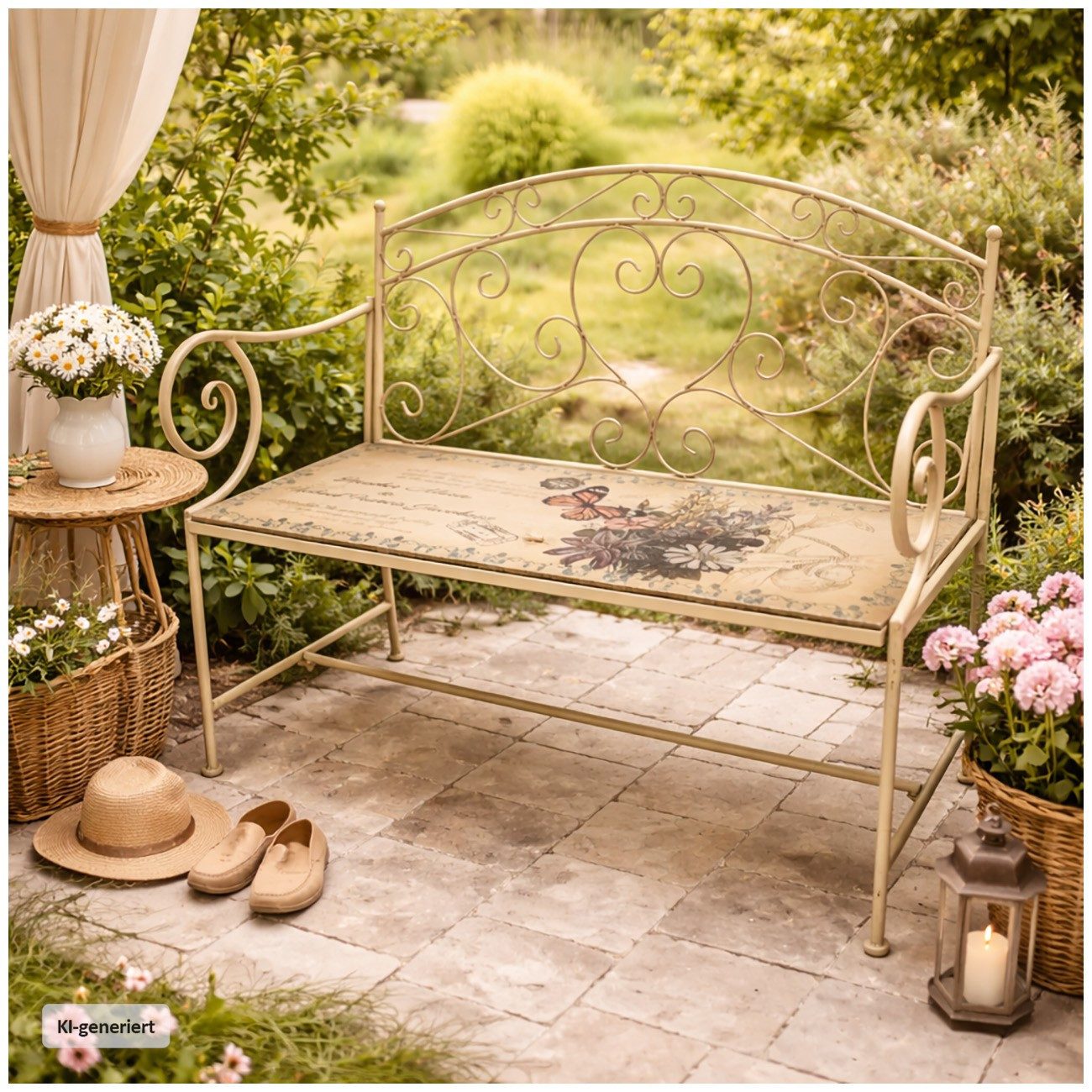 HTI-Living Gartenbank Gartenbank Schmetterling Metall creme mit dekorativer Motiv Sitzfläche (1x Gartenbank Schmetterling aus Metall)