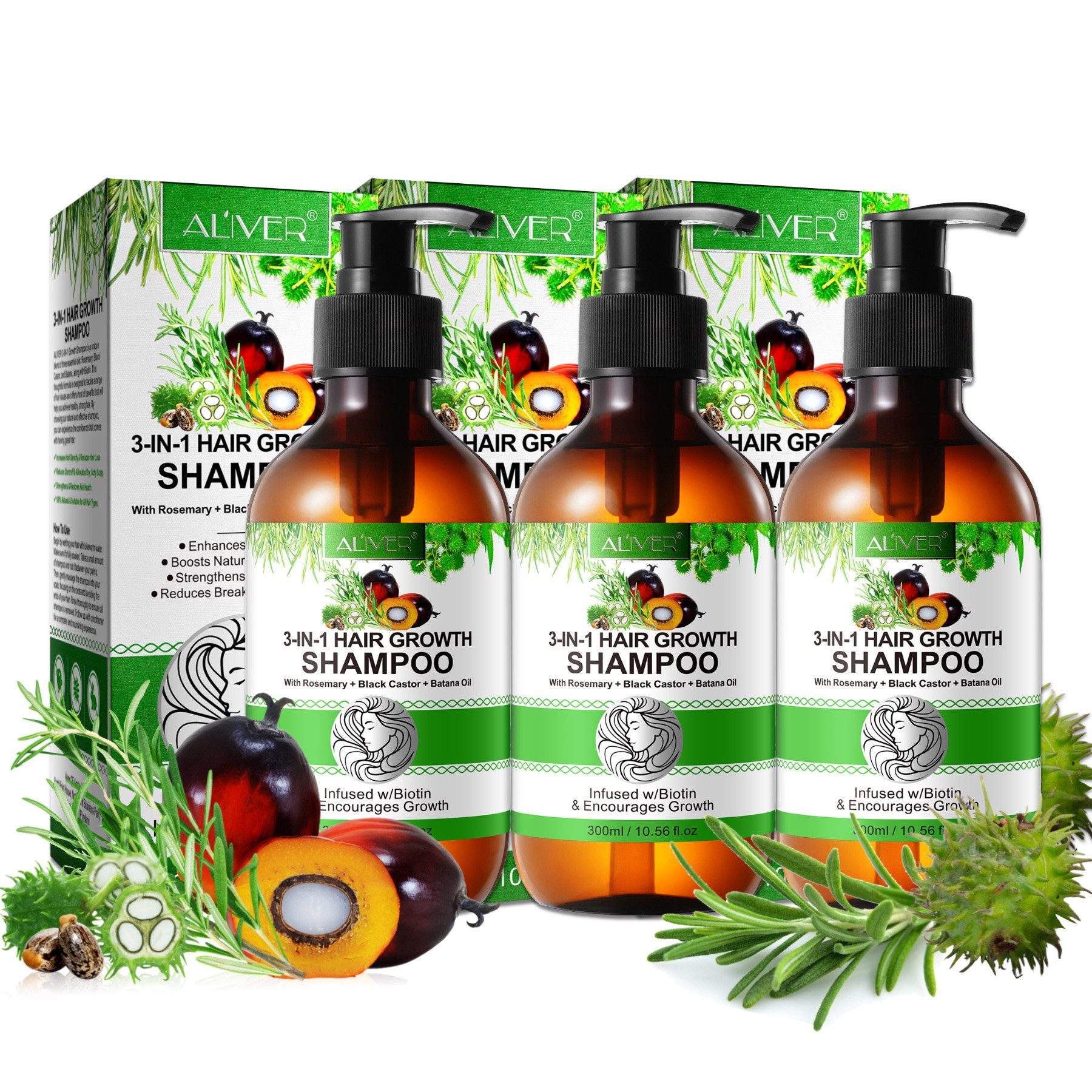 ALIVER Haarshampoo Rosmarin Rizinus Batana Öl mit Biotin für Kopfhaut Pflege Haarwachstum, 3-tlg., Anti-Frizz, Entwirrend, Feuchtigkeitsspendend, Haar-Repair, Haarwuchs