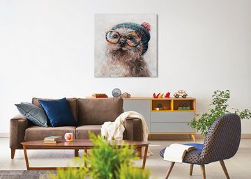 YS-Art Gemälde Positiv, Tiere, Leinwand Bild Handgemalt Yorkshire Terrier Brille Mütze Bunt