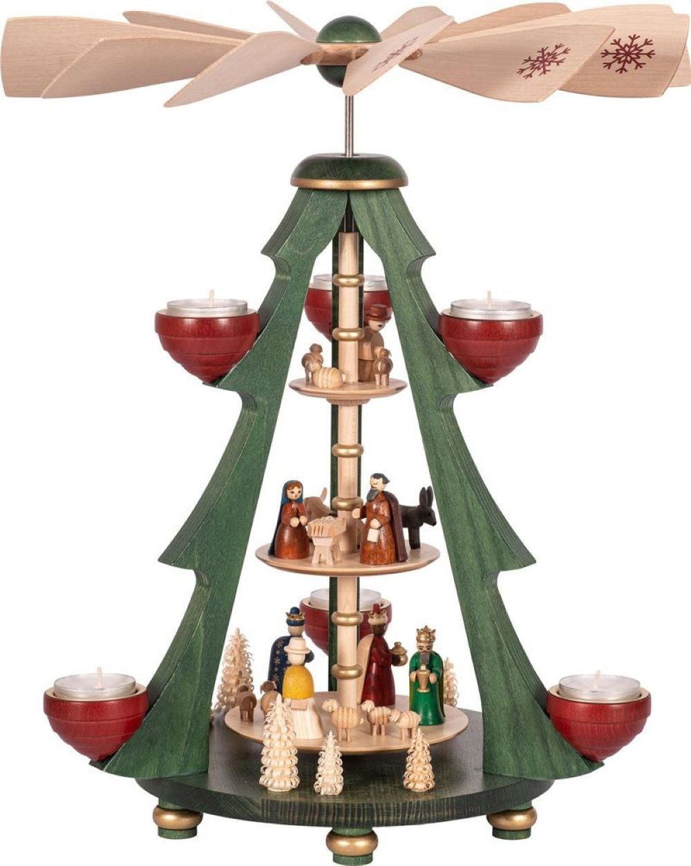Richard Glaesser Weihnachtspyramide Baumpyramide bunt 3-stöckig für Teelichte- versch.Motive wunderschön, 3-stöckig grün mit rot - etwas Besonderes