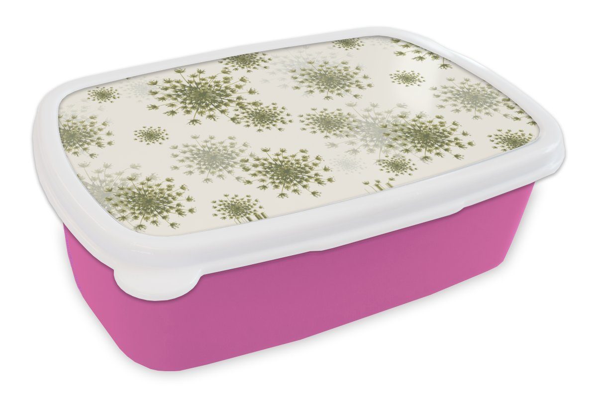 MuchoWow Lunchbox Wilde Blumen - Muster - Saatgut, Kunststoff, (2-tlg), Brotbox für Erwachsene, Brotdose Kinder, Snackbox, Mädchen, Kunststoff rosa