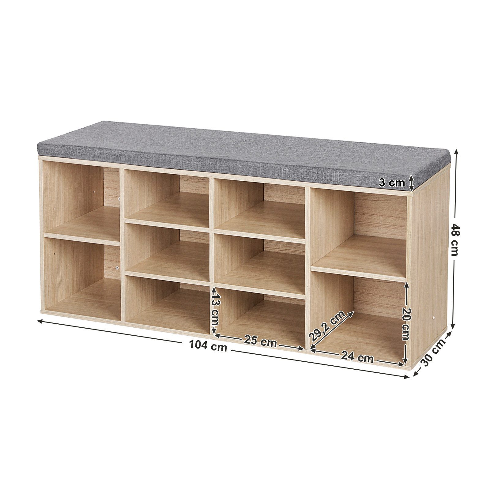 VASAGLE Schuhbank Schuhregal mit Sitzfläche, Sitzbank mit Stauraum, für Schlafzimmer, Flurbank mit 10 Fächern, verstellbaren Ablagen, 30 x 104 x 48 cm – Bild 4 von 5