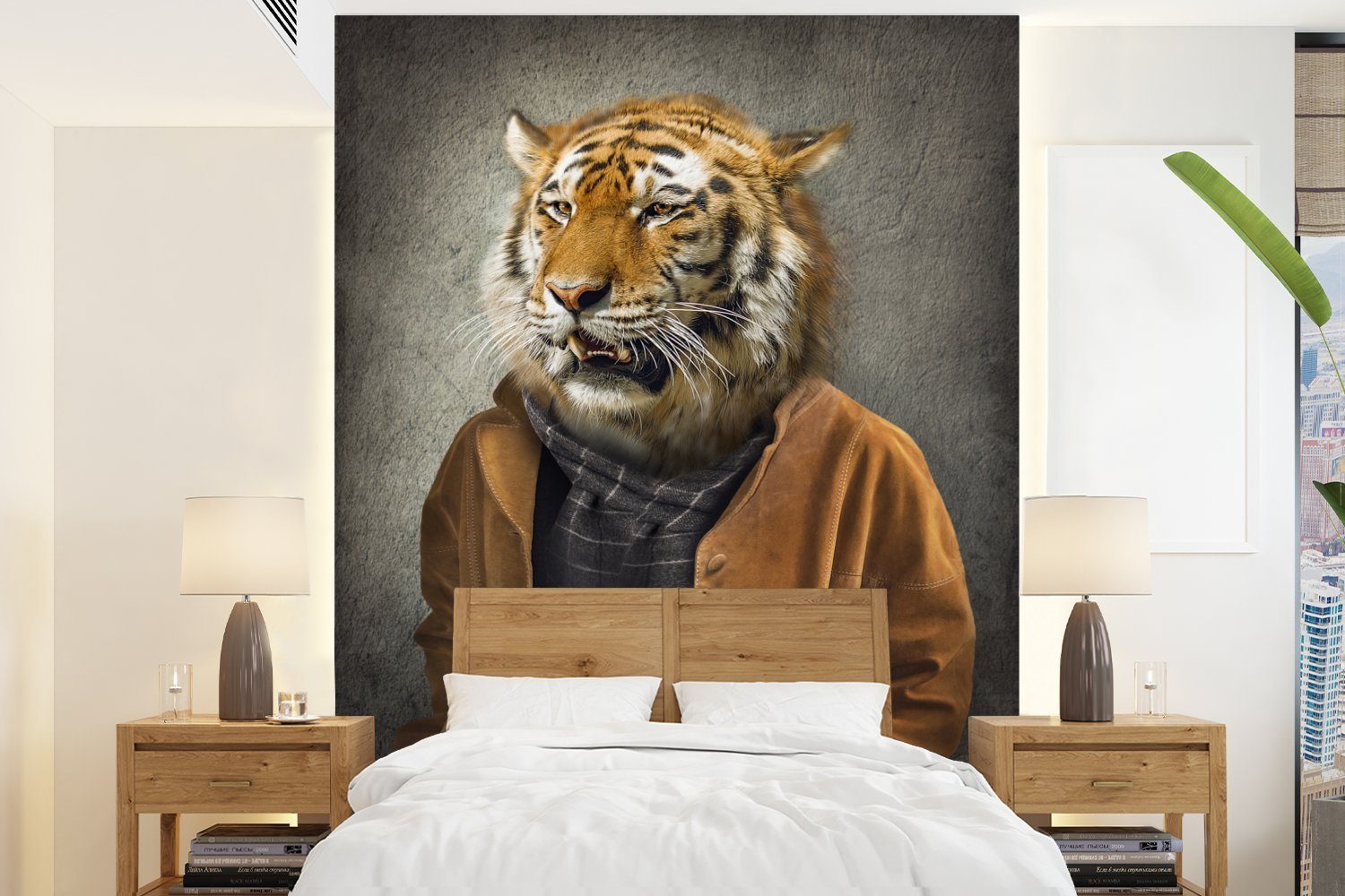 MuchoWow Fototapete Tiger - Kleidung - Porträt, Matt, bedruckt, (4 St), Montagefertig Vinyl Tapete für Wohnzimmer, Wandtapete