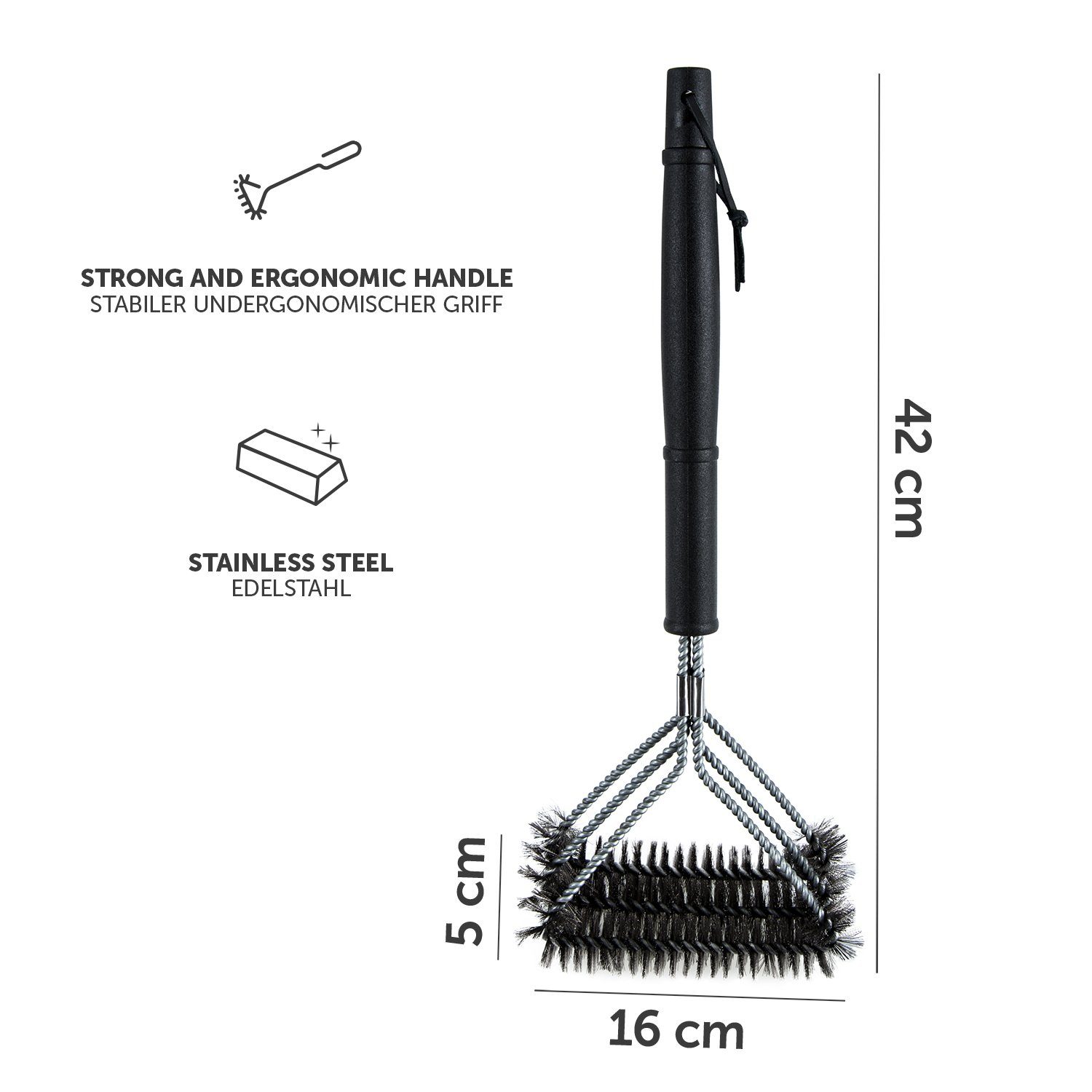 Blumtal Grillbürste Premium aus Edelstahl, Zubehör Drahtbürste, Gas-, Kohle-, und Elektrogrill, (Packung), 3er Kopf, Langer Griff (Schwarz), Spülmaschinenfest – Bild 5 von 5
